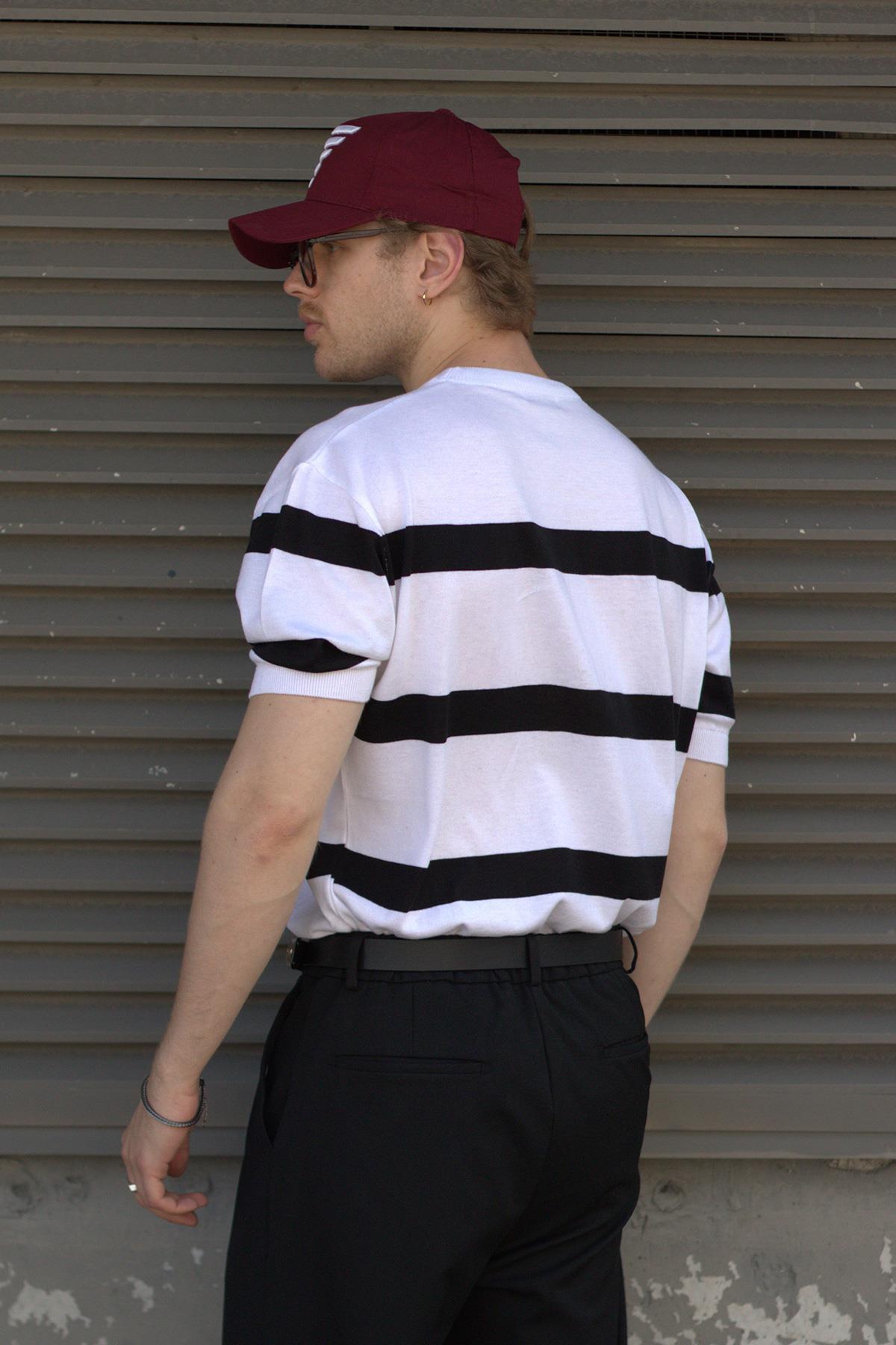 Erkek Oversize Bisiklet Yaka Çizgili Triko T-Shirt  Beyaz