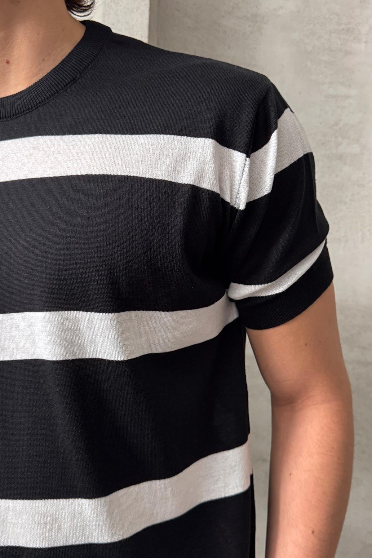 Erkek Oversize Bisiklet Yaka Çizgili Triko T-Shirt  Siyah