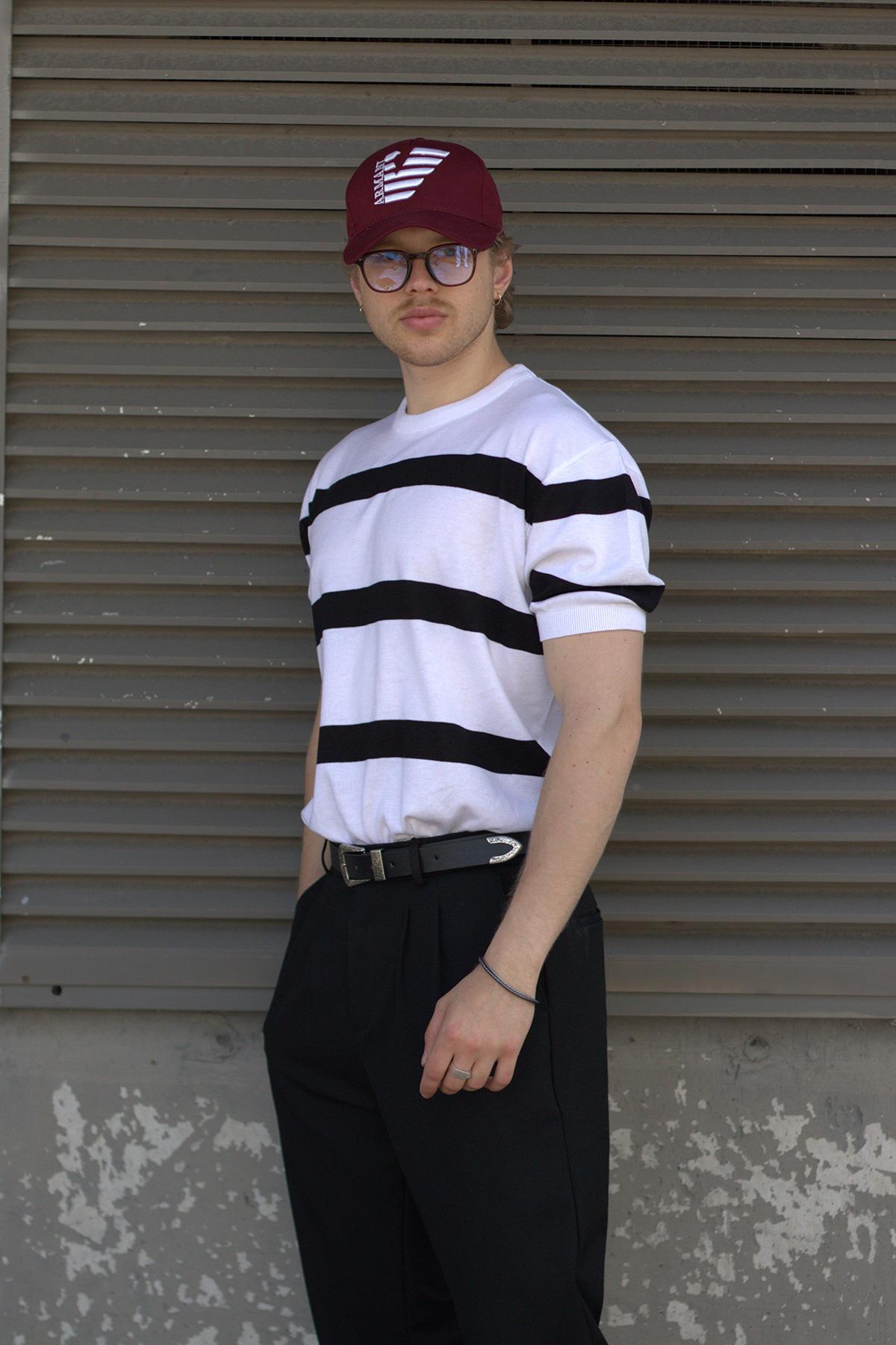 Erkek Oversize Bisiklet Yaka Çizgili Triko T-Shirt  Beyaz