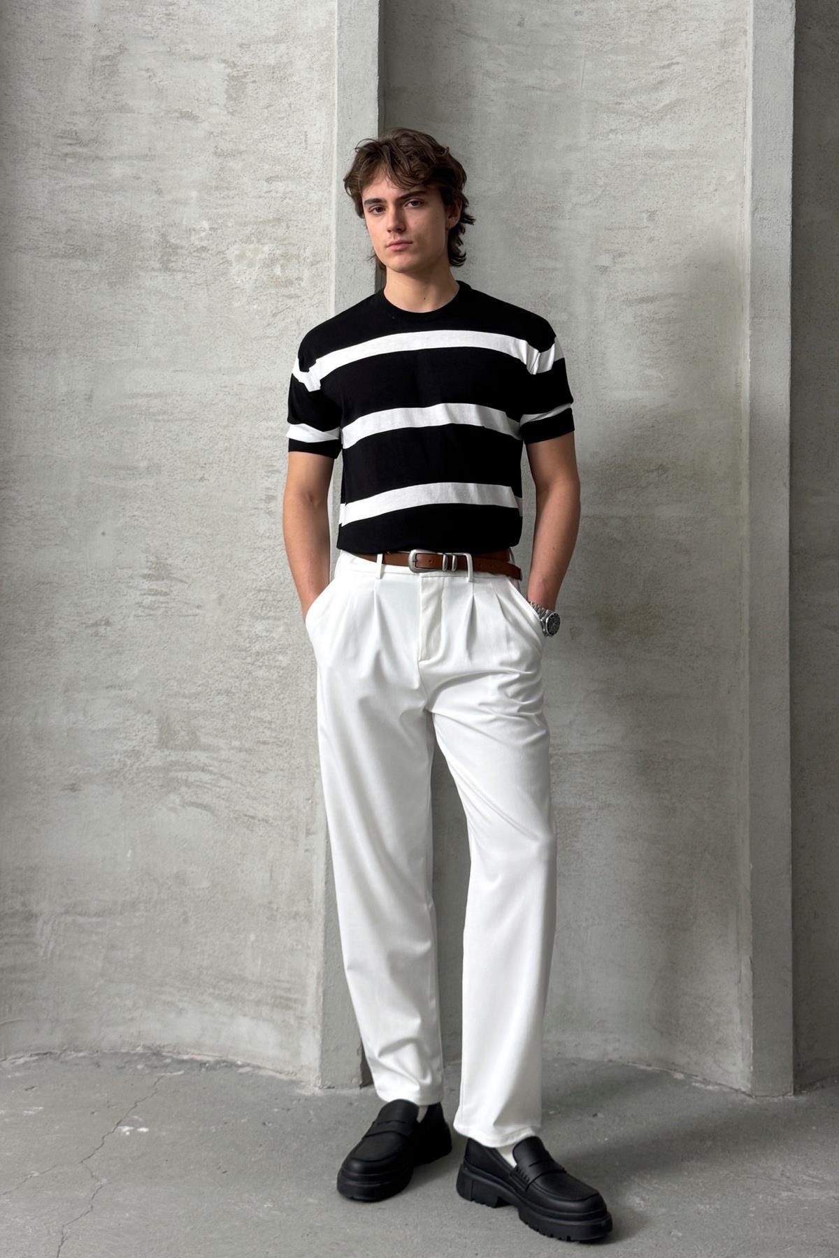 Erkek Oversize Bisiklet Yaka Çizgili Triko T-Shirt  Siyah