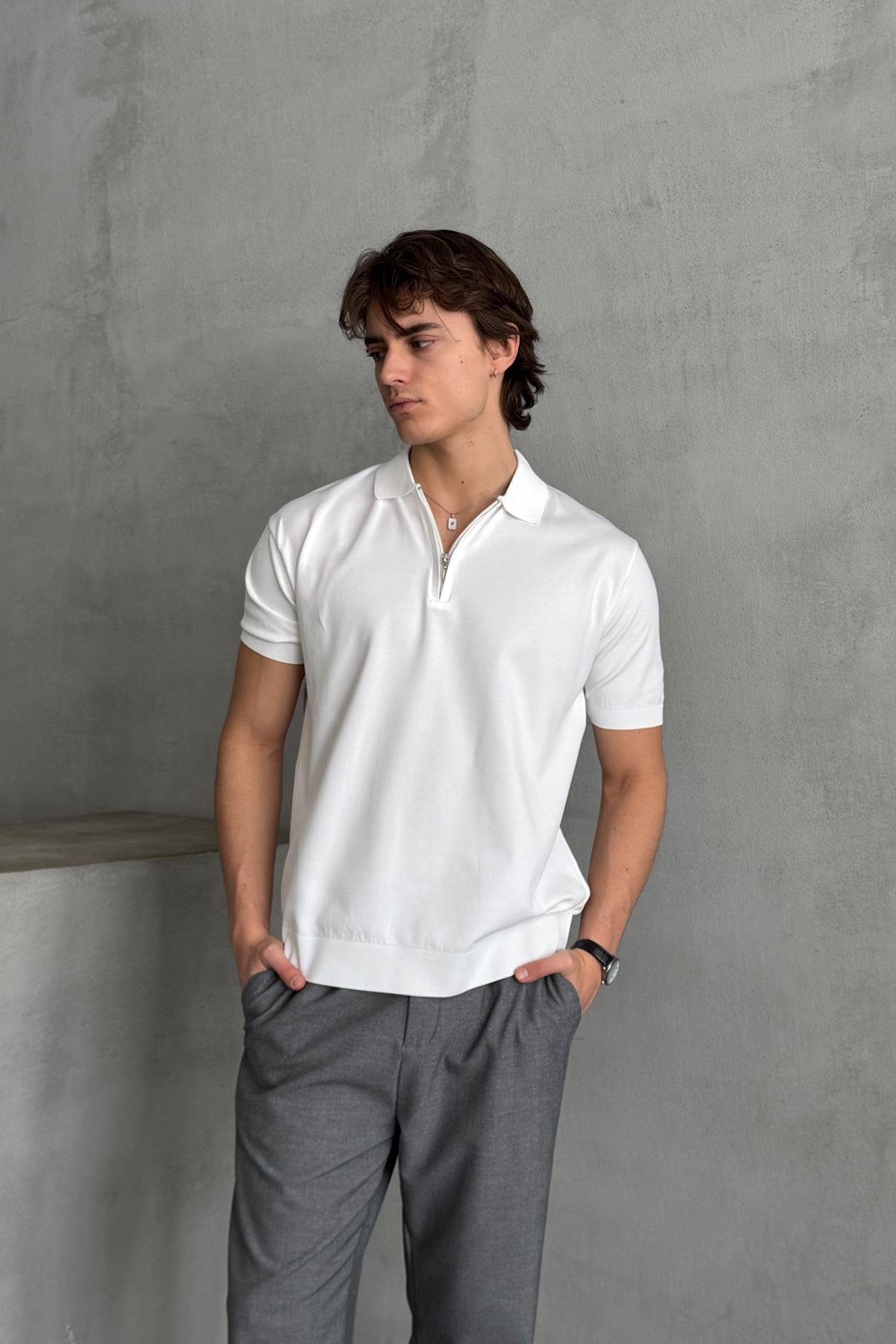 Erkek Oversize Fermuarlı Polo Yaka Triko T-Shirt Beyaz