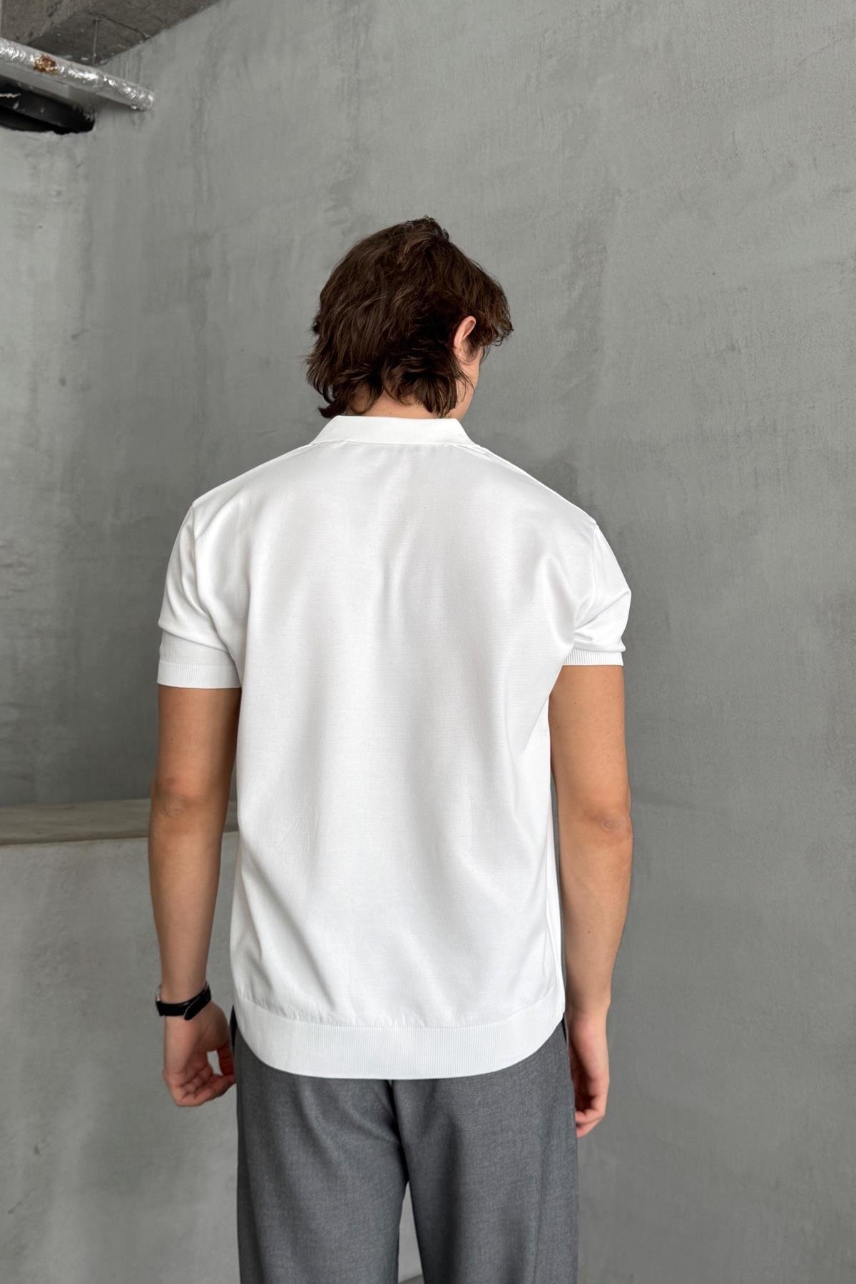 Erkek Oversize Fermuarlı Polo Yaka Triko T-Shirt Beyaz