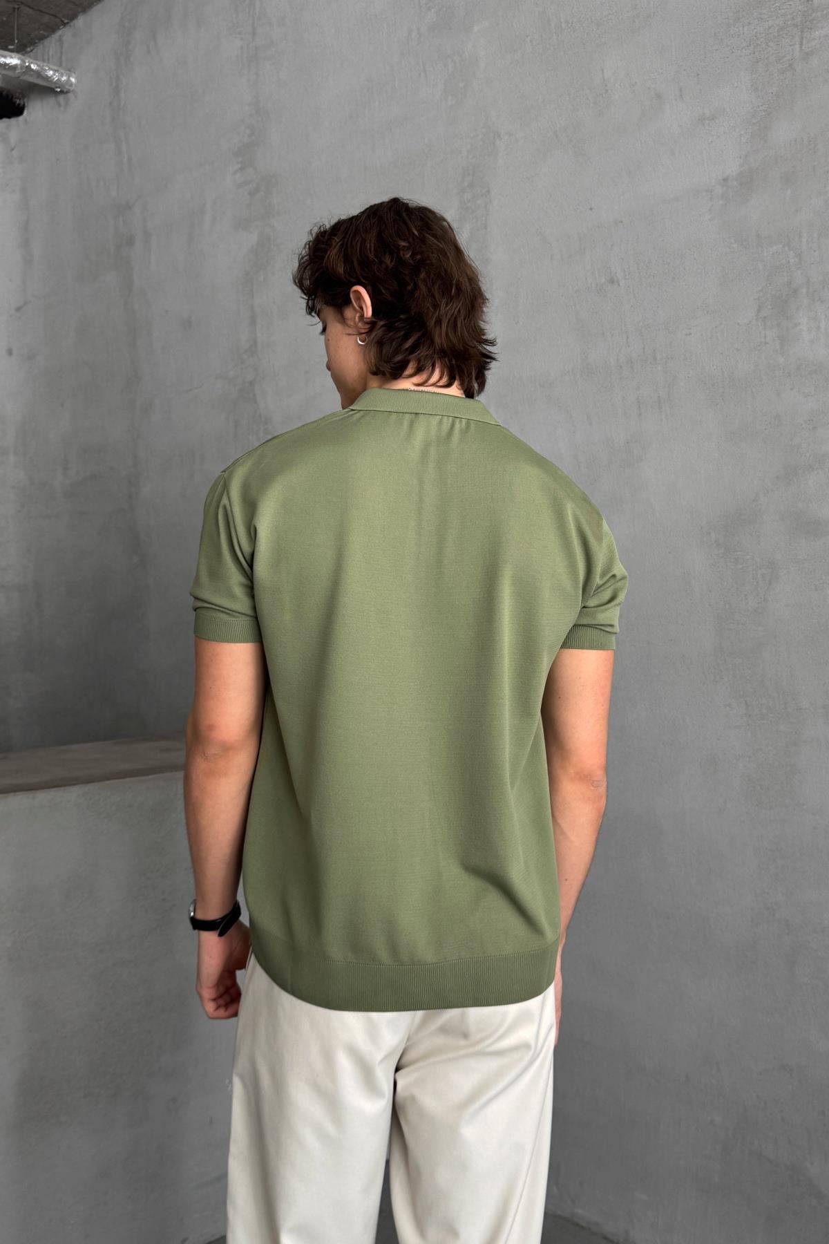 Erkek Oversize Fermuarlı Polo Yaka Triko T-Shirt Haki