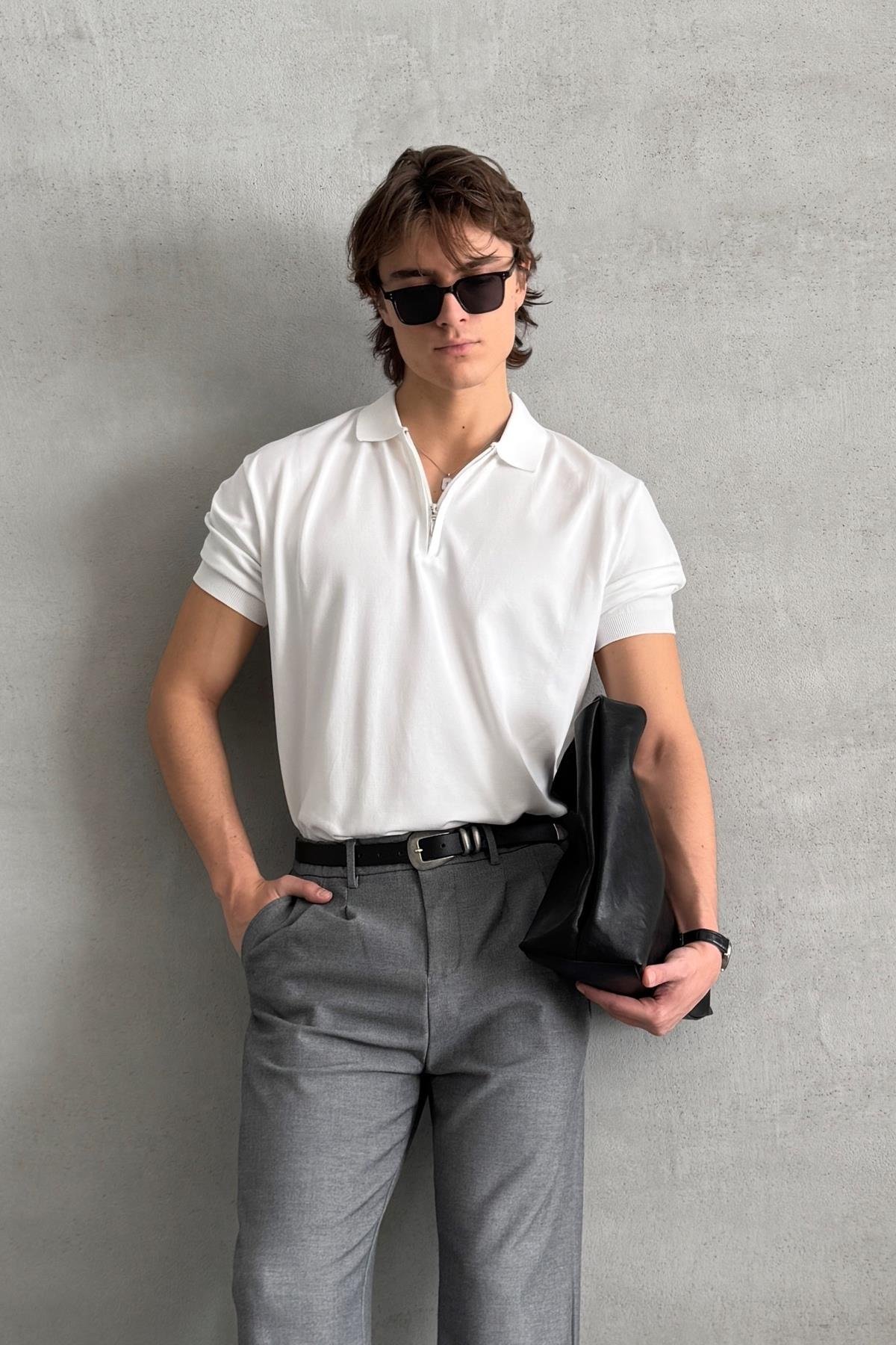 Erkek Oversize Fermuarlı Polo Yaka Triko T-Shirt Beyaz
