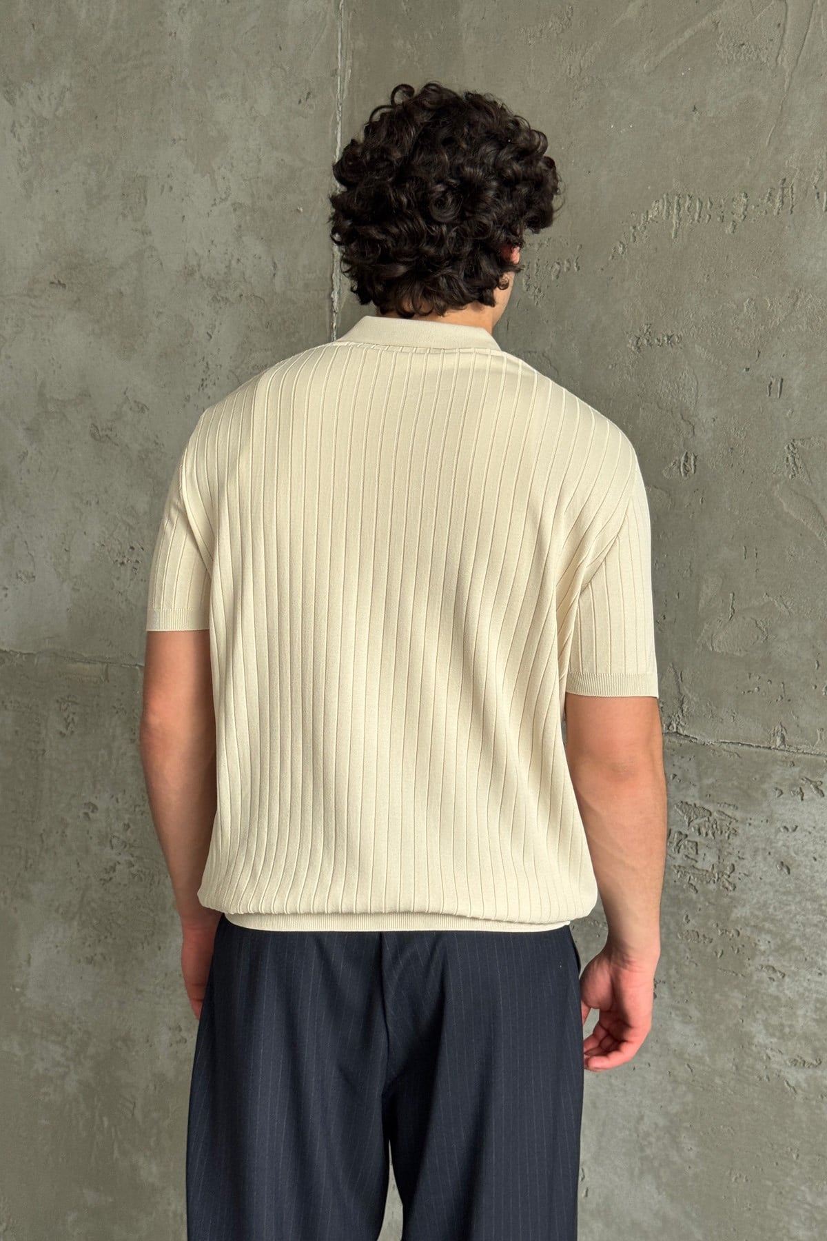 Erkek Oversize Fitilli Polo Yaka İnce Triko T-shirt Bej