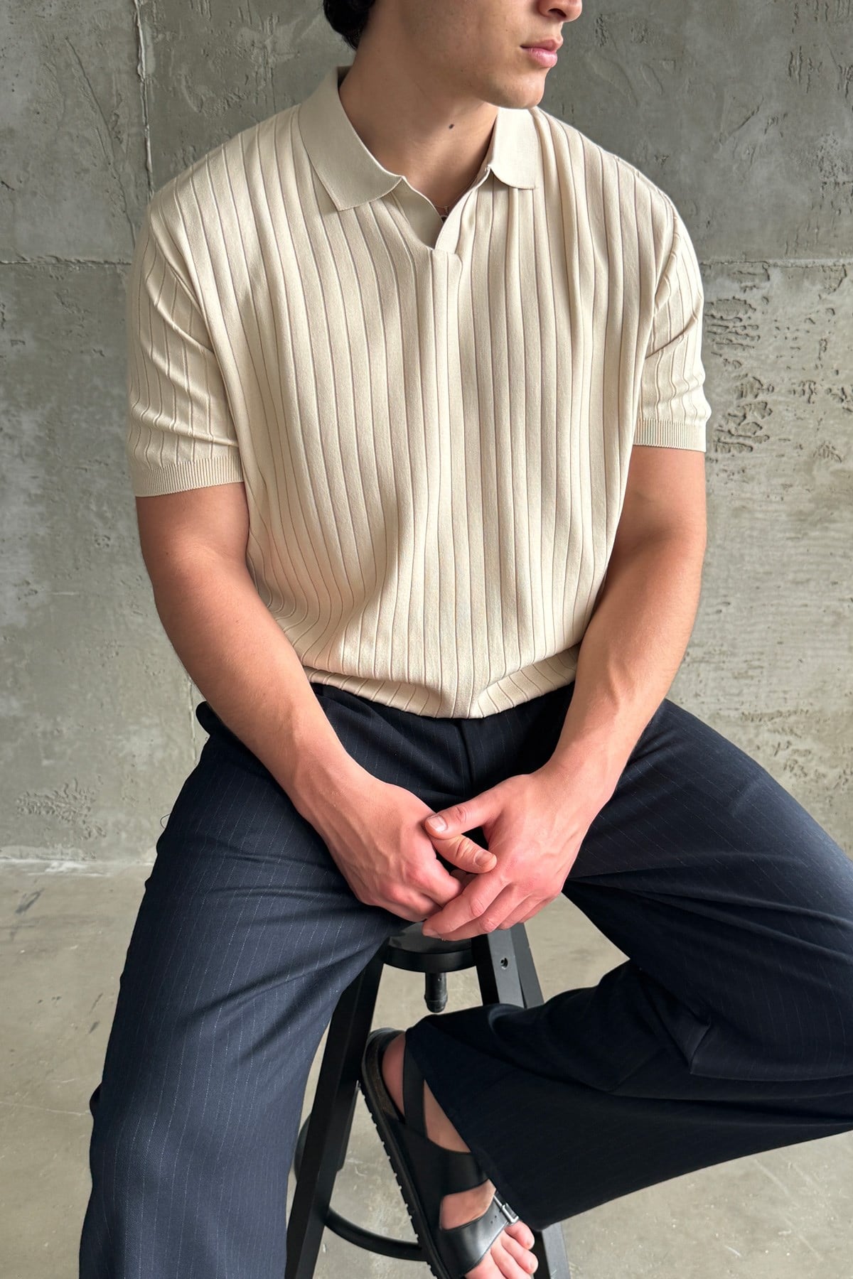 Erkek Oversize Fitilli Polo Yaka İnce Triko T-shirt Bej