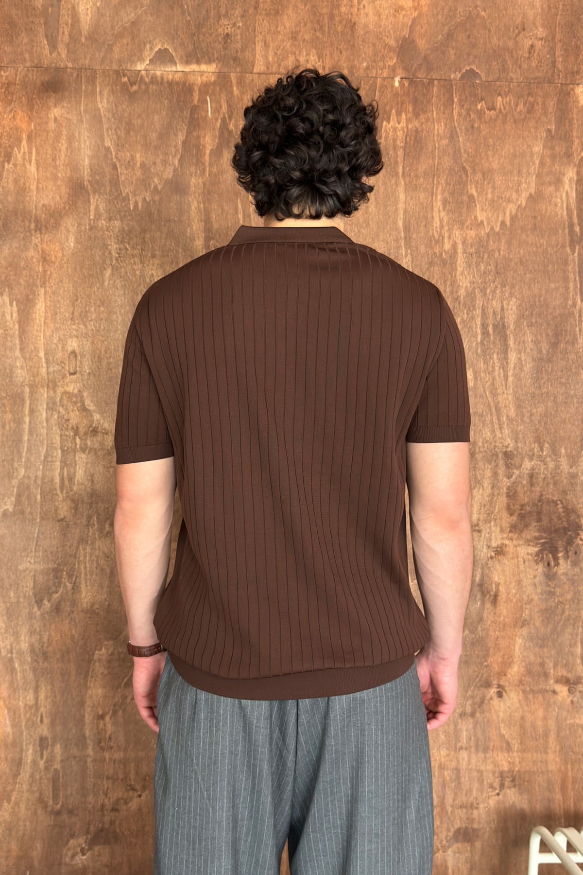 Erkek Oversize Fitilli Polo Yaka İnce Triko T-shirt Kahverengi