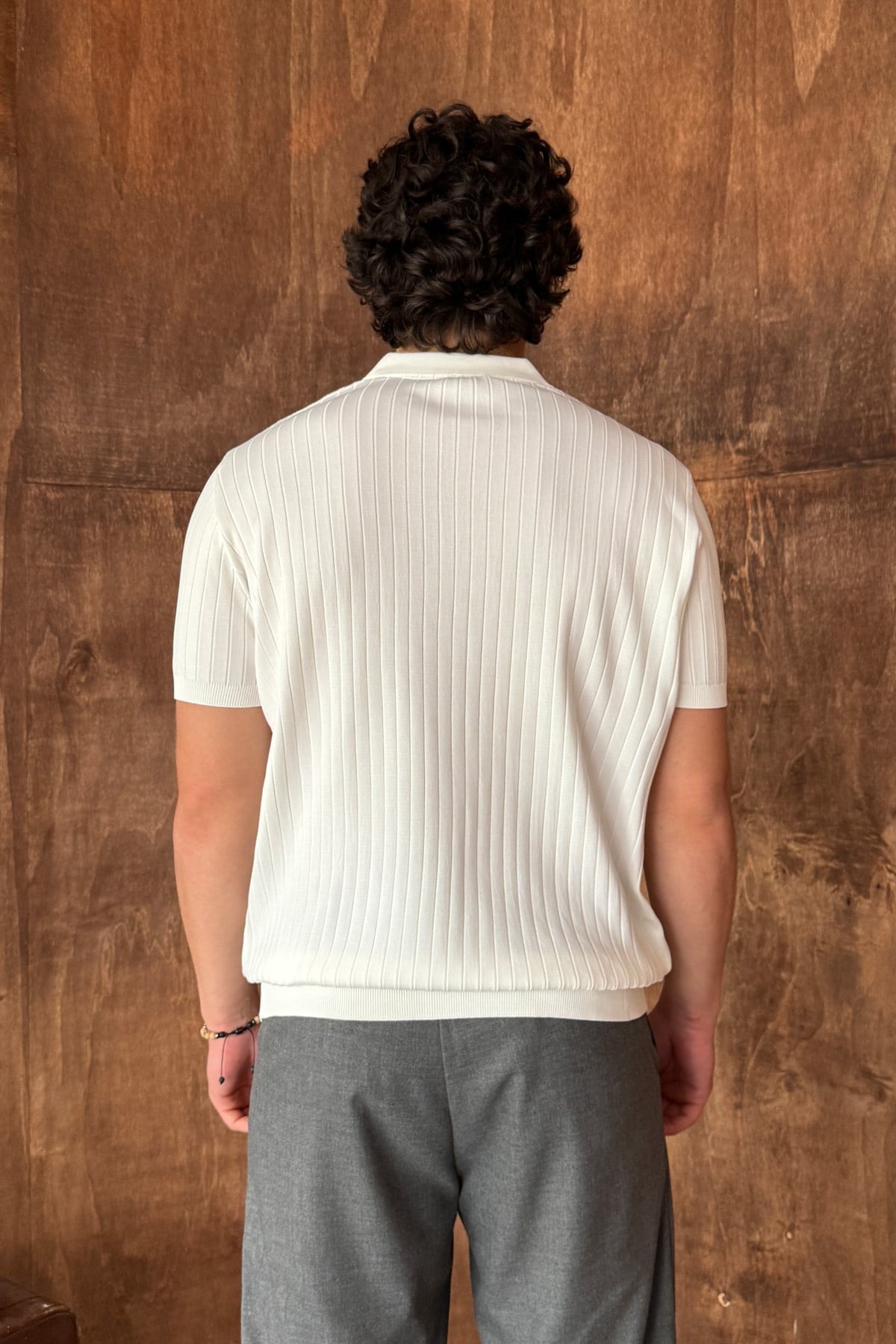 Erkek Oversize Fitilli Polo Yaka İnce Triko T-shirt Beyaz