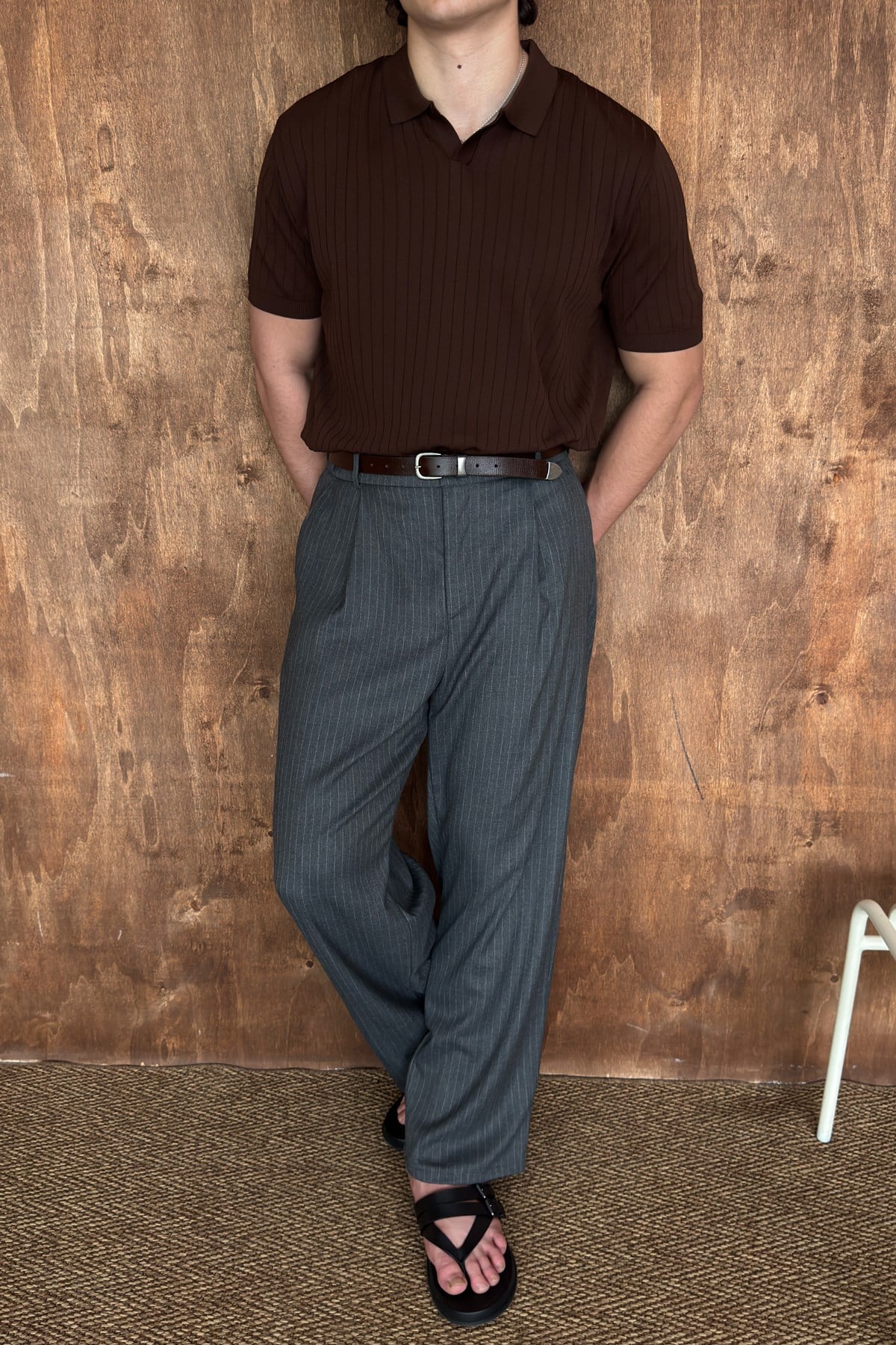 Erkek Oversize Fitilli Polo Yaka İnce Triko T-shirt Kahverengi