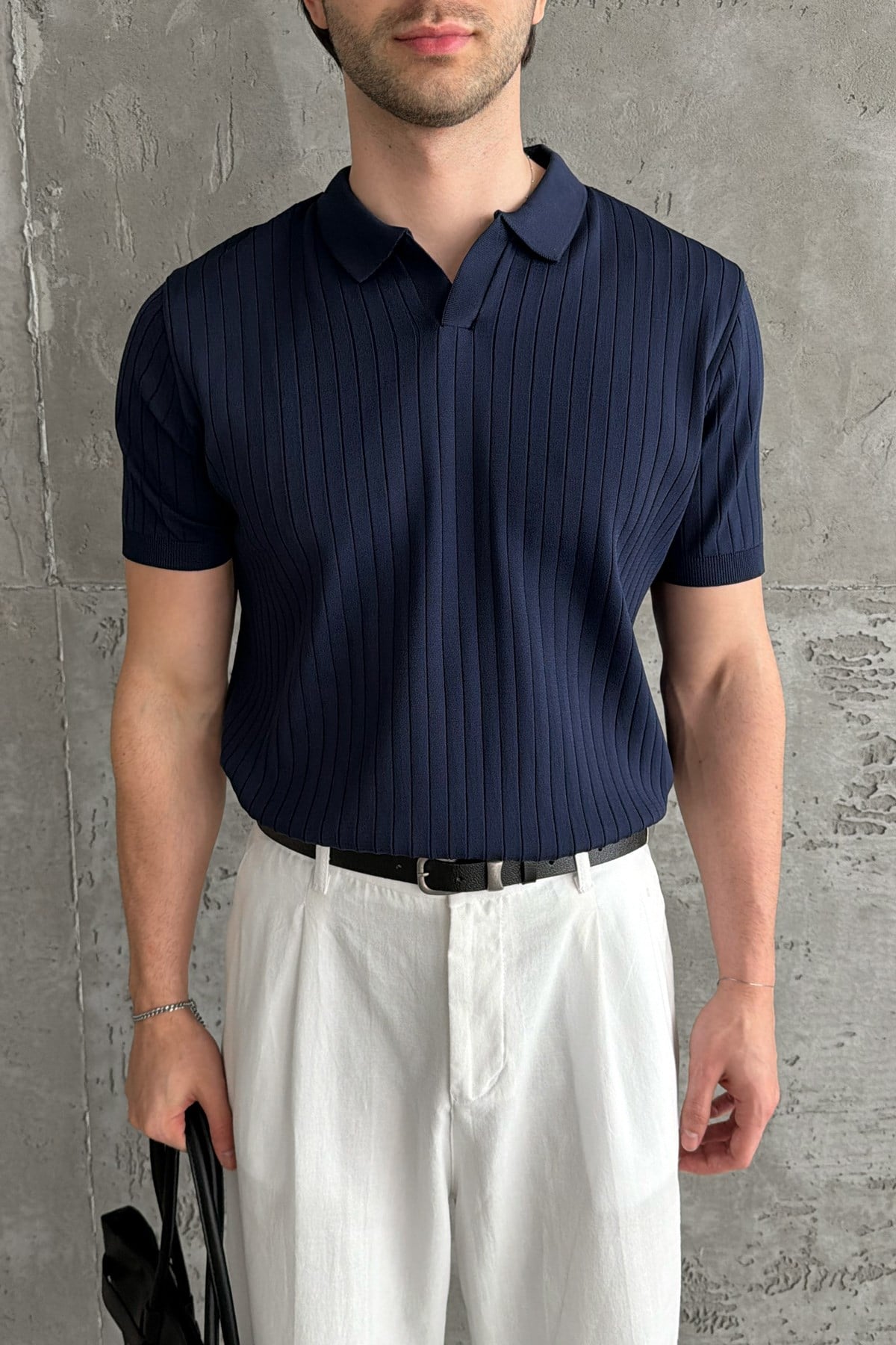 Erkek Oversize Fitilli Polo Yaka İnce Triko T-shirt Lacivert