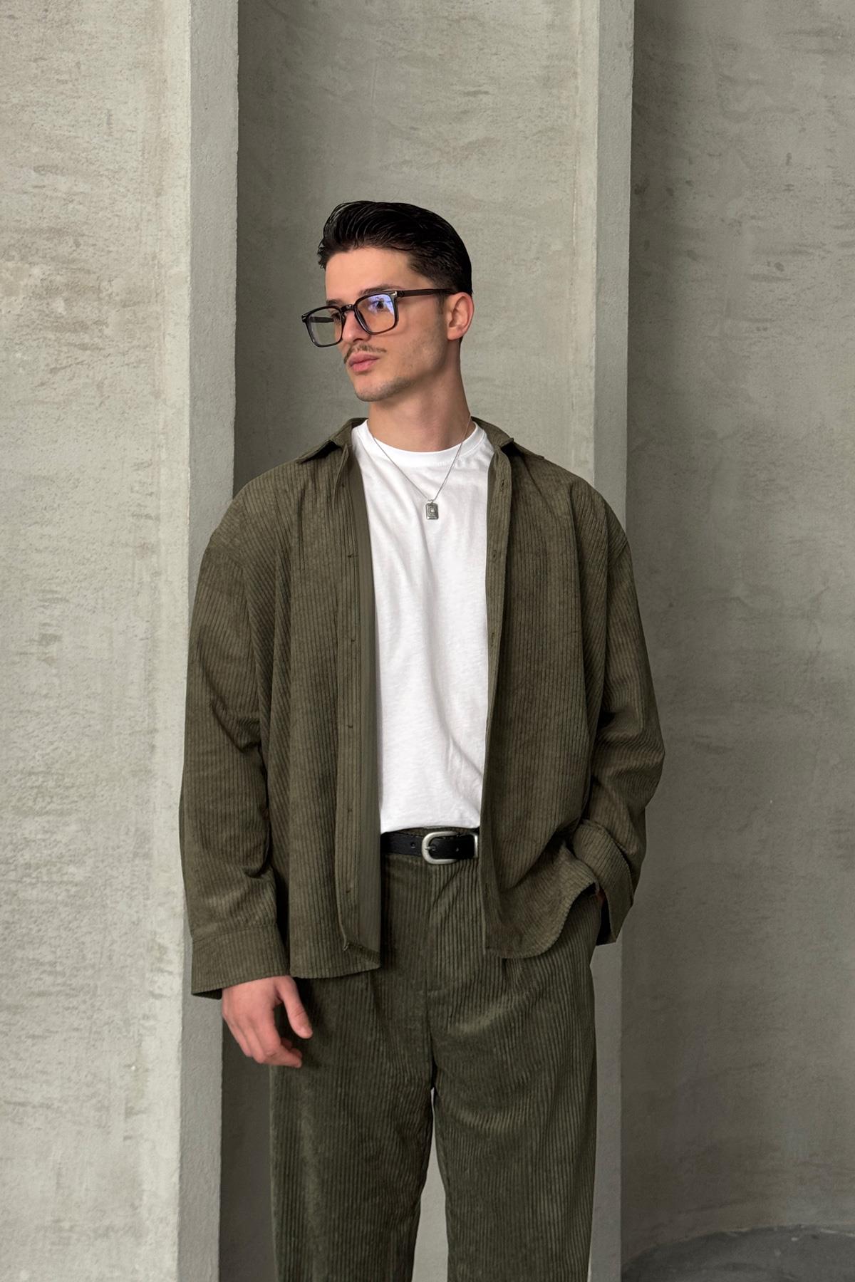Erkek Oversize Kadife Takım Haki