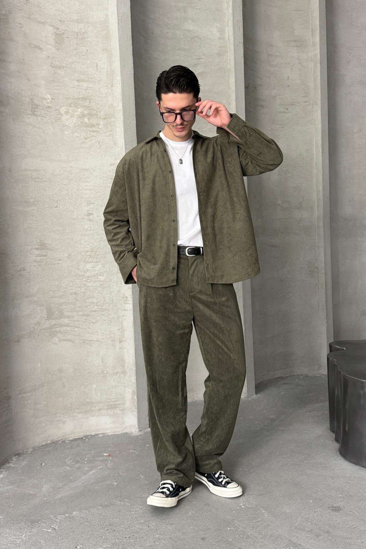 Erkek Oversize Kadife Takım Haki