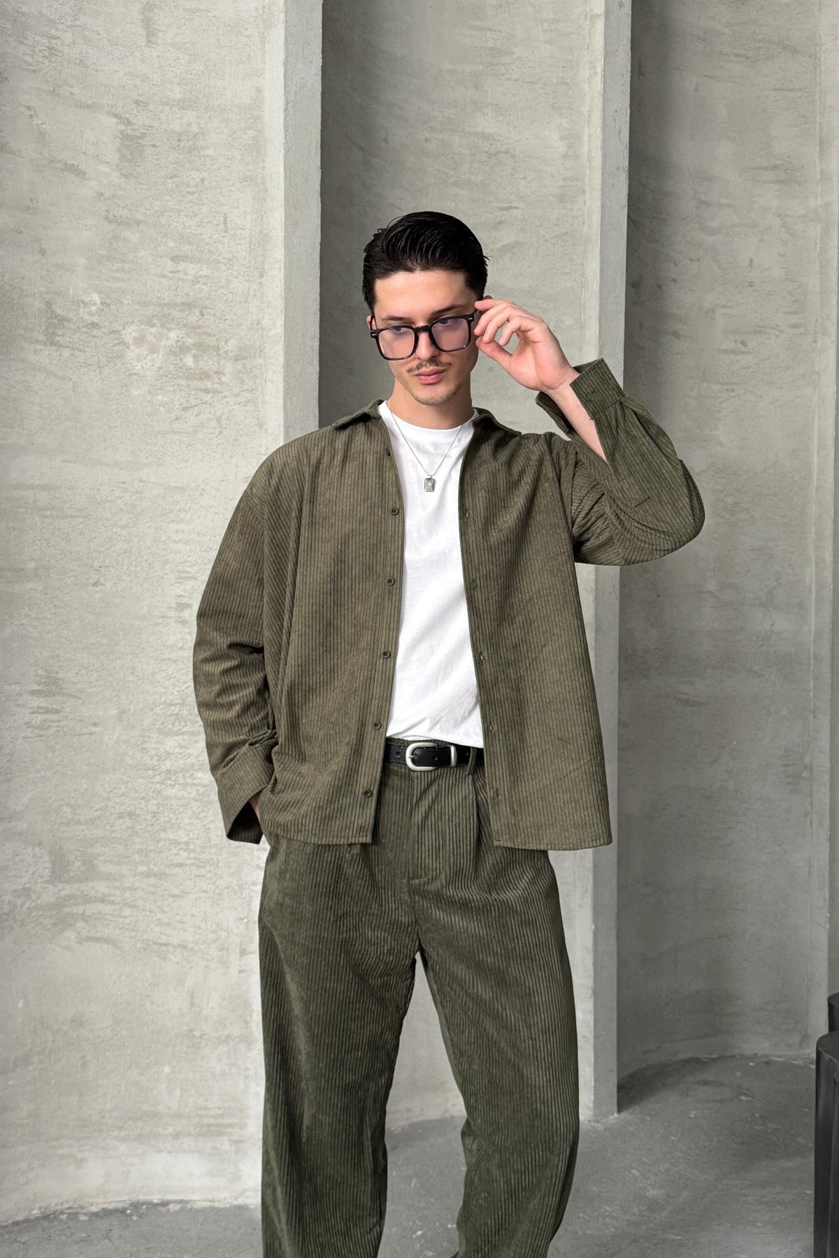 Erkek Oversize Kadife Takım Haki