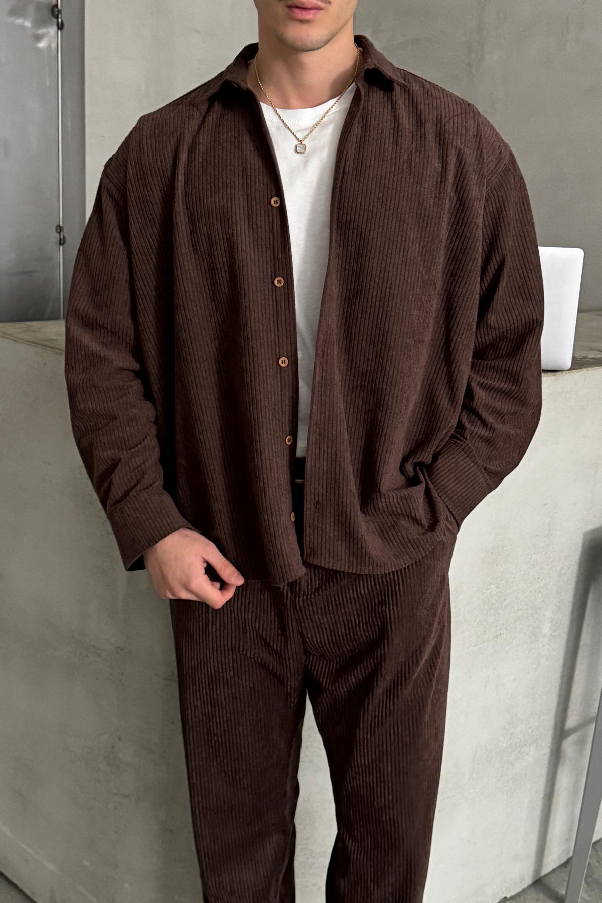 Erkek Oversize Kadife Takım Kahverengi