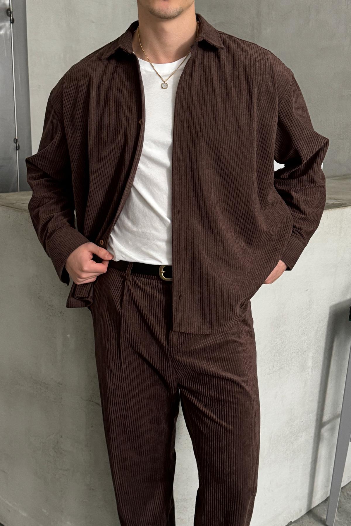Erkek Oversize Kadife Takım Kahverengi
