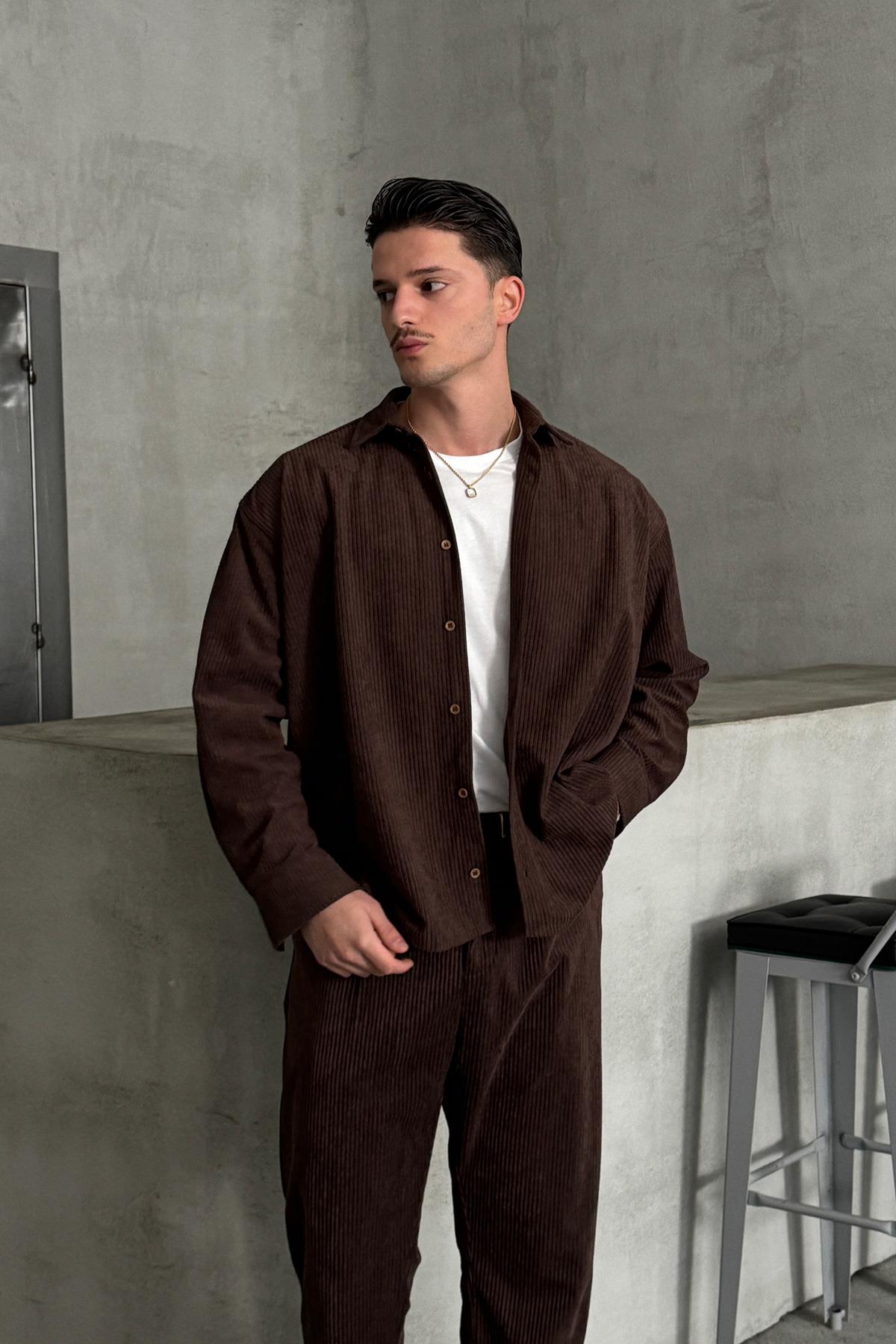Erkek Oversize Kadife Takım Kahverengi