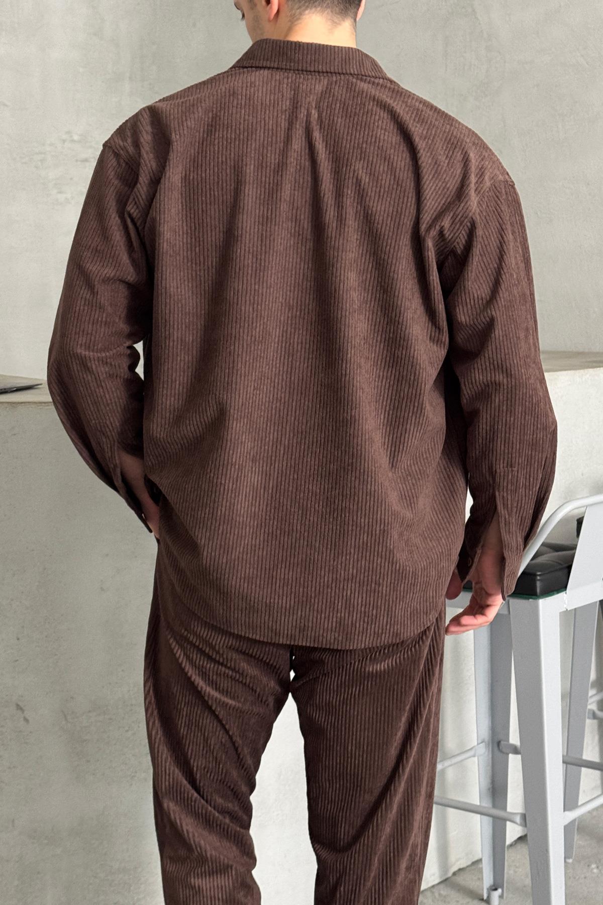 Erkek Oversize Kadife Takım Kahverengi
