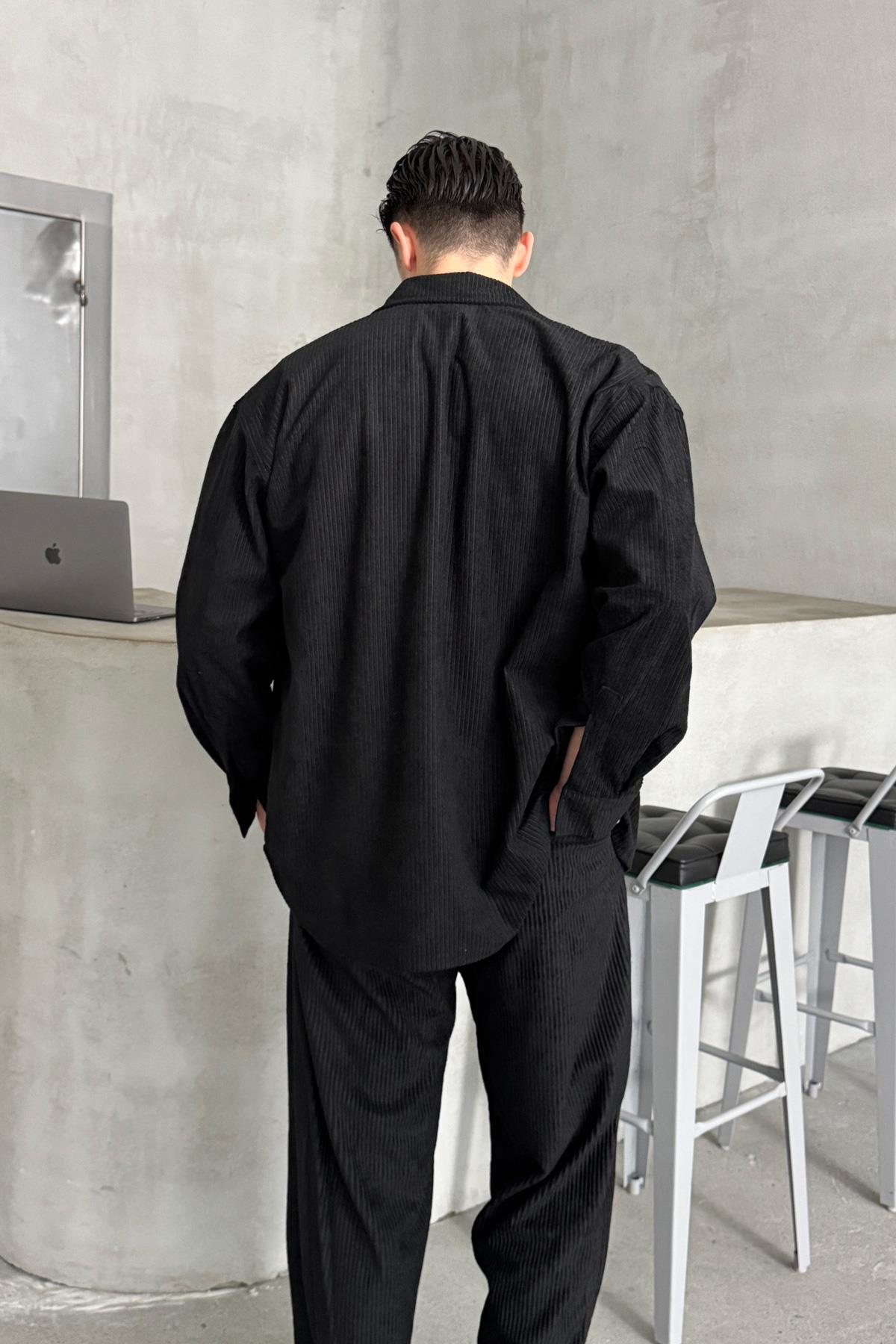Erkek Oversize Kadife Takım Siyah