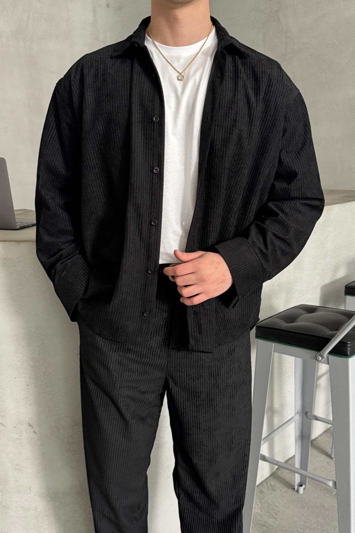 Erkek Oversize Kadife Takım Siyah