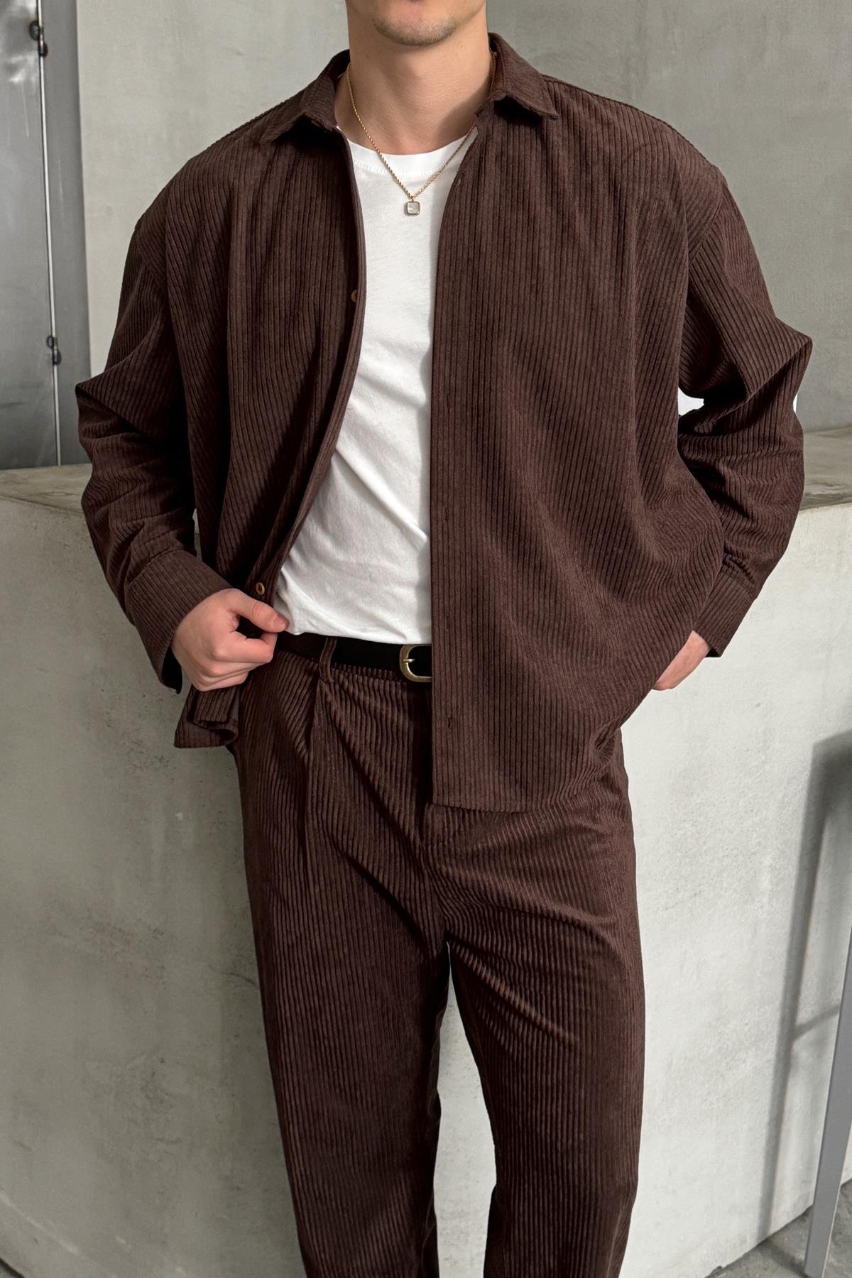 Erkek Oversize Kesim Kadife Gömlek Kahverengi