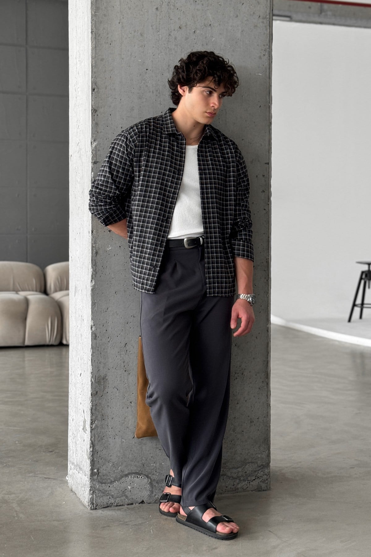 Erkek Oversize Kesim Kareli Gömlek Siyah
