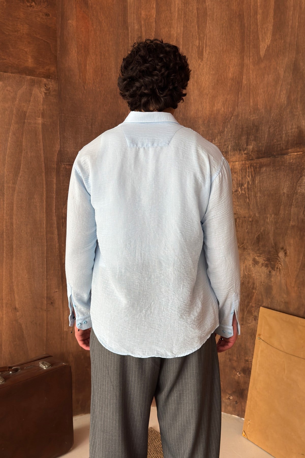Erkek Oversize Kesim Keten Görünümlü Gömlek Açık Mavi