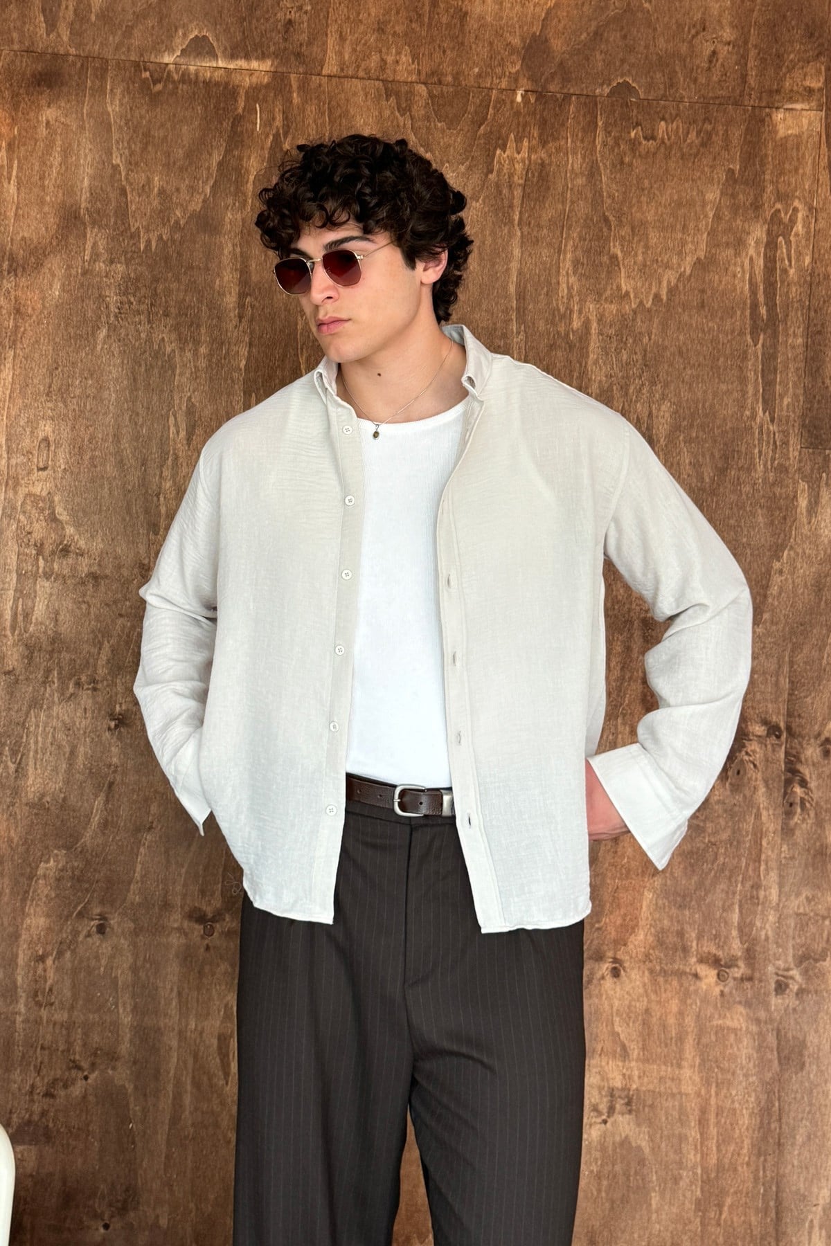 Erkek Oversize Kesim Keten Görünümlü Gömlek Bej