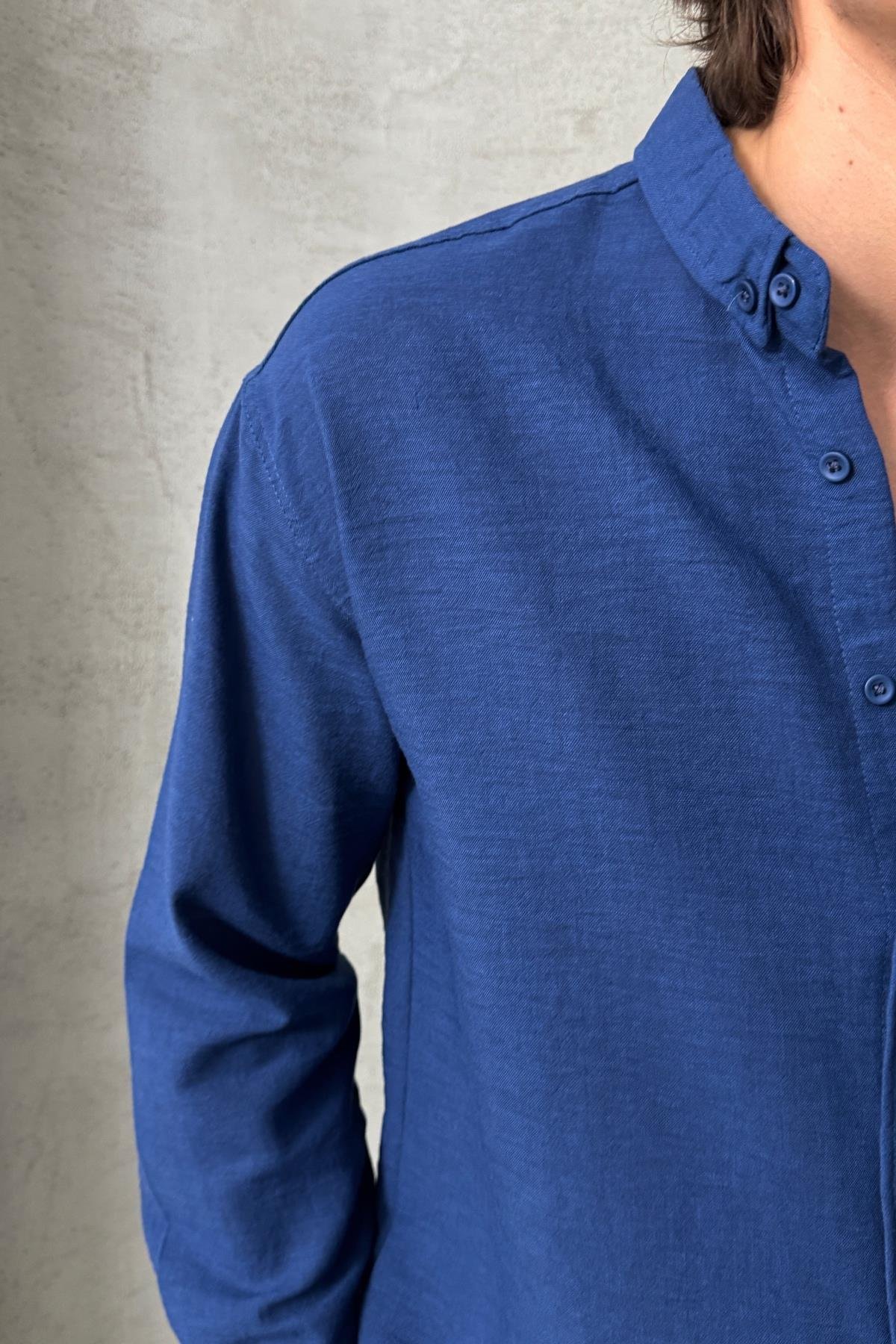 Erkek Oversize Kesim Keten Görünümlü Gömlek İndigo