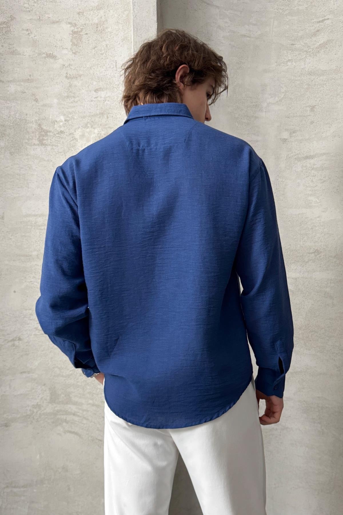 Erkek Oversize Kesim Keten Görünümlü Gömlek İndigo