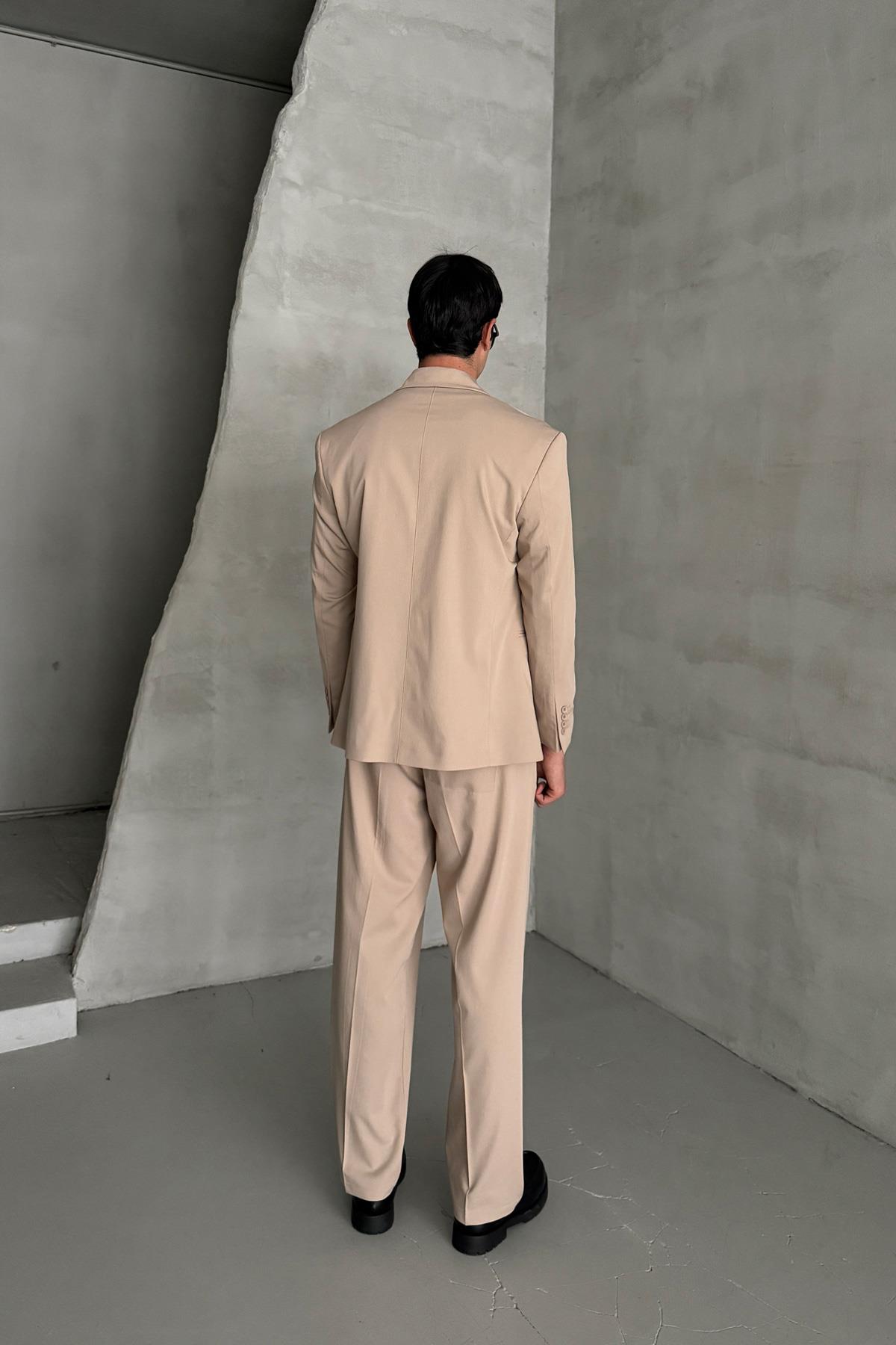Erkek Oversize Rahat Kalıp Kruvaze Takım Elbise Bej