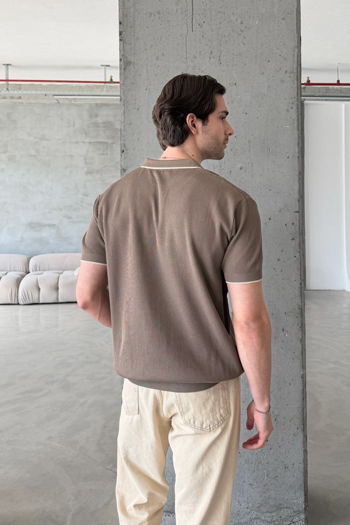 Erkek Oversize Selanik Polo Yaka Triko T-Shirt Açık Kahve