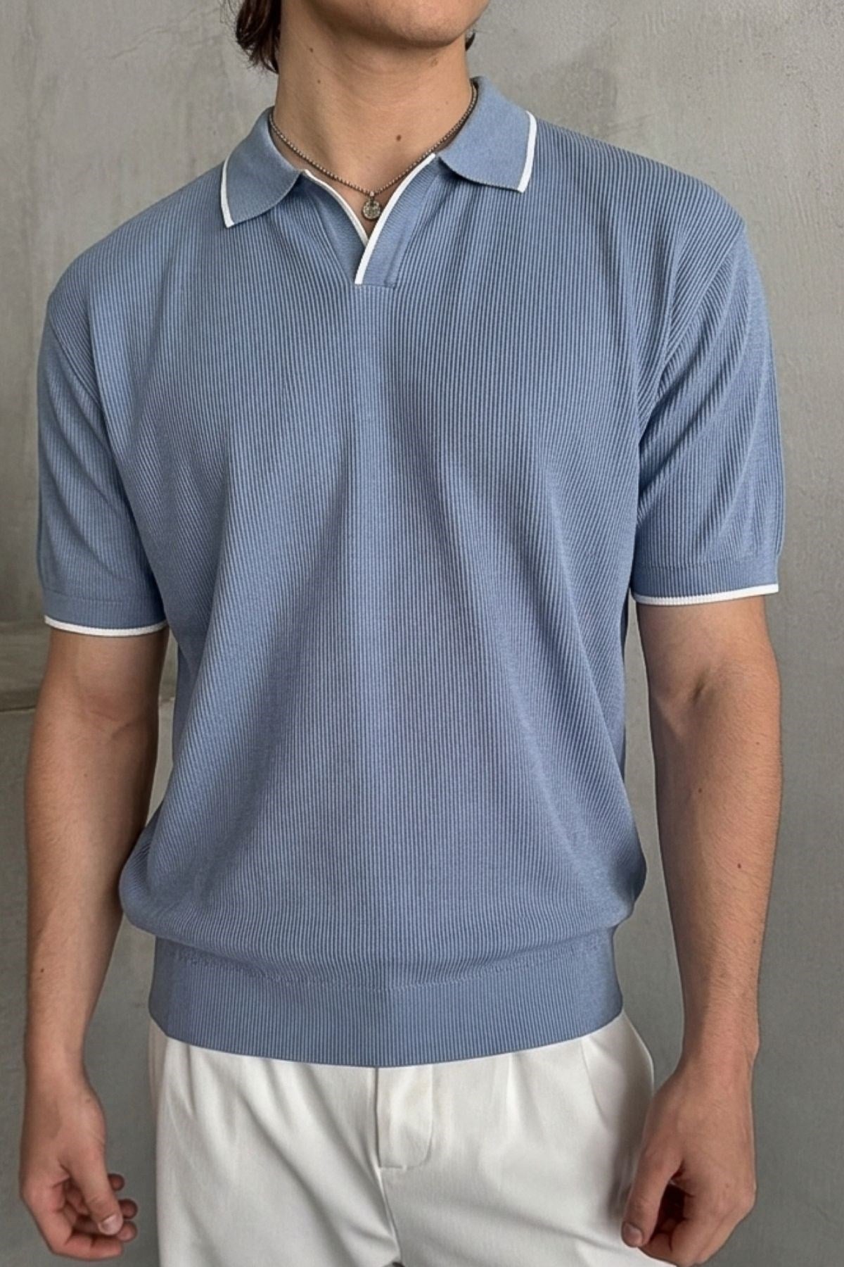 Erkek Oversize Selanik Polo Yaka Triko T-Shirt Açık Mavi