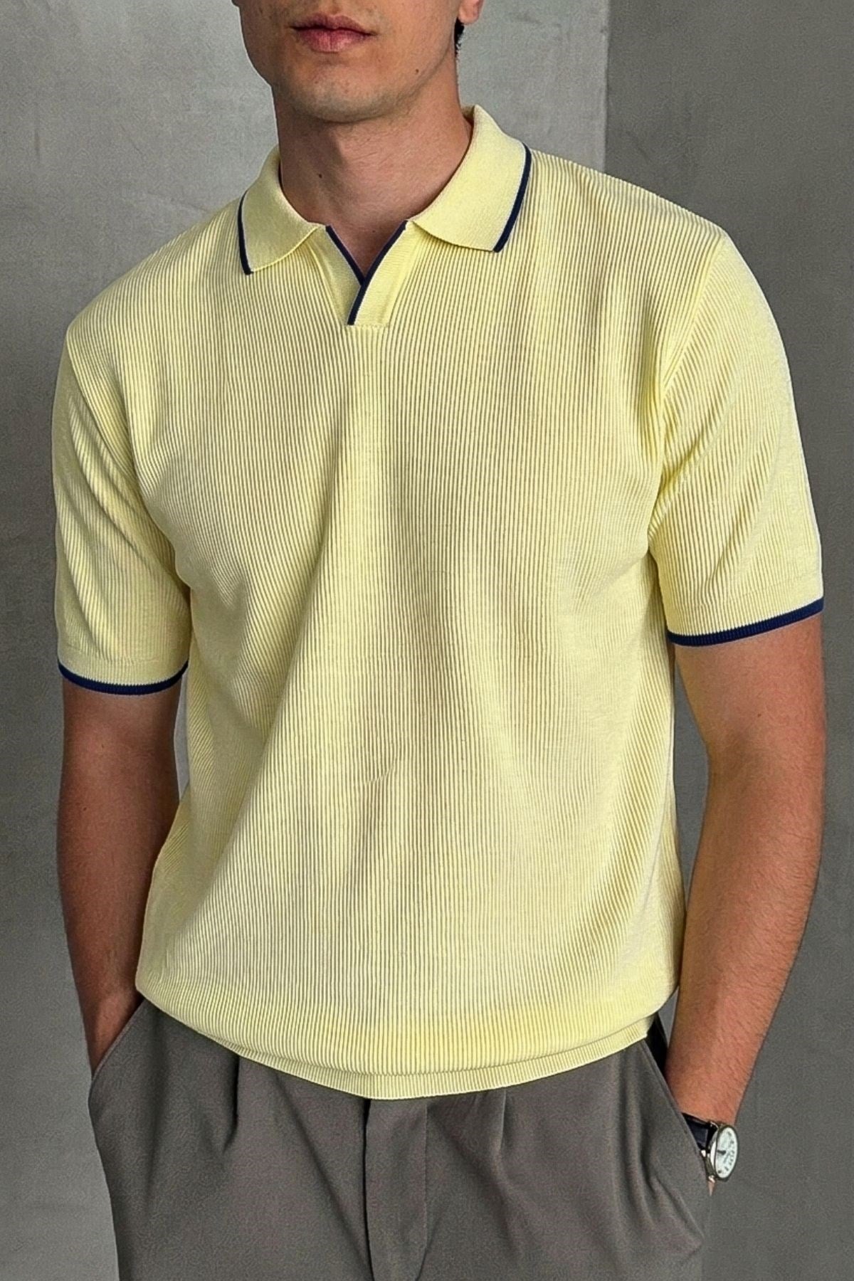 Erkek Oversize Selanik Polo Yaka Triko T-Shirt Sarı