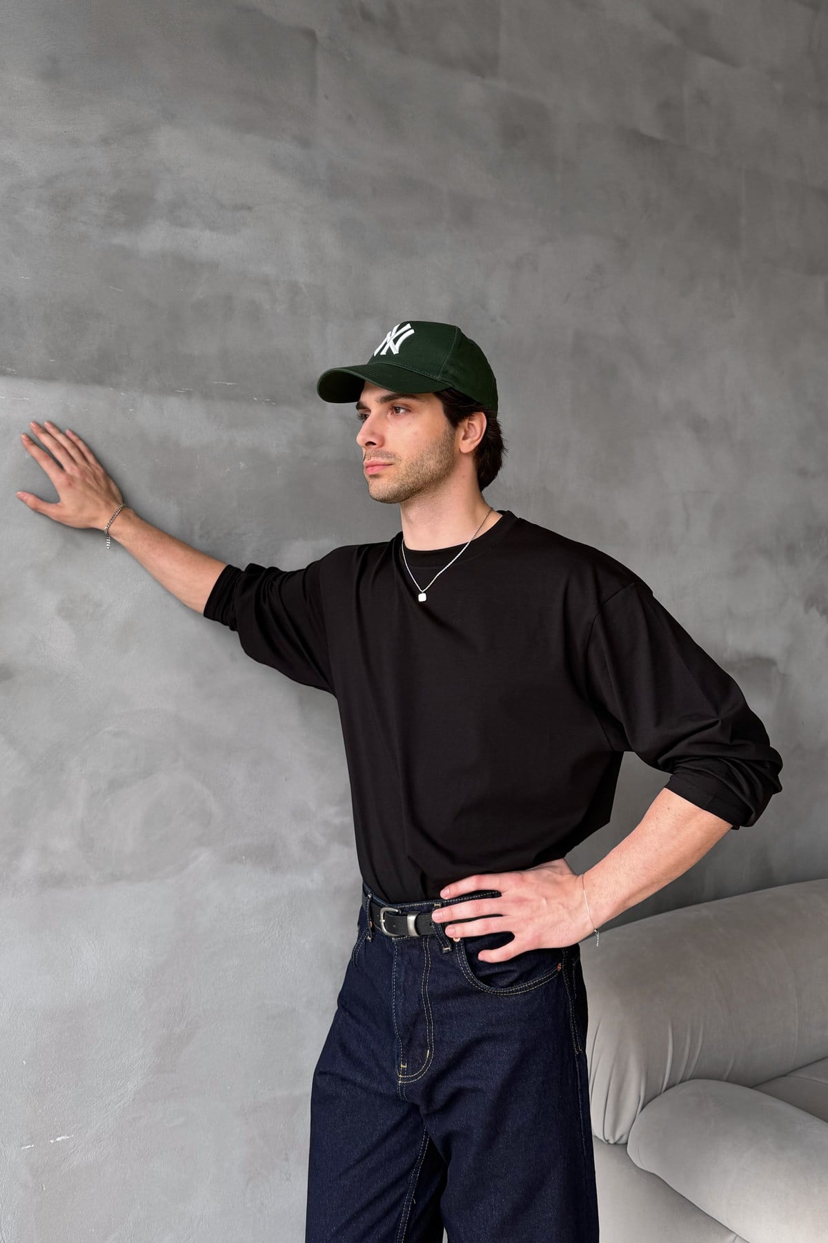 Erkek Oversize Uzun Kollu Basic T-shirt Siyah