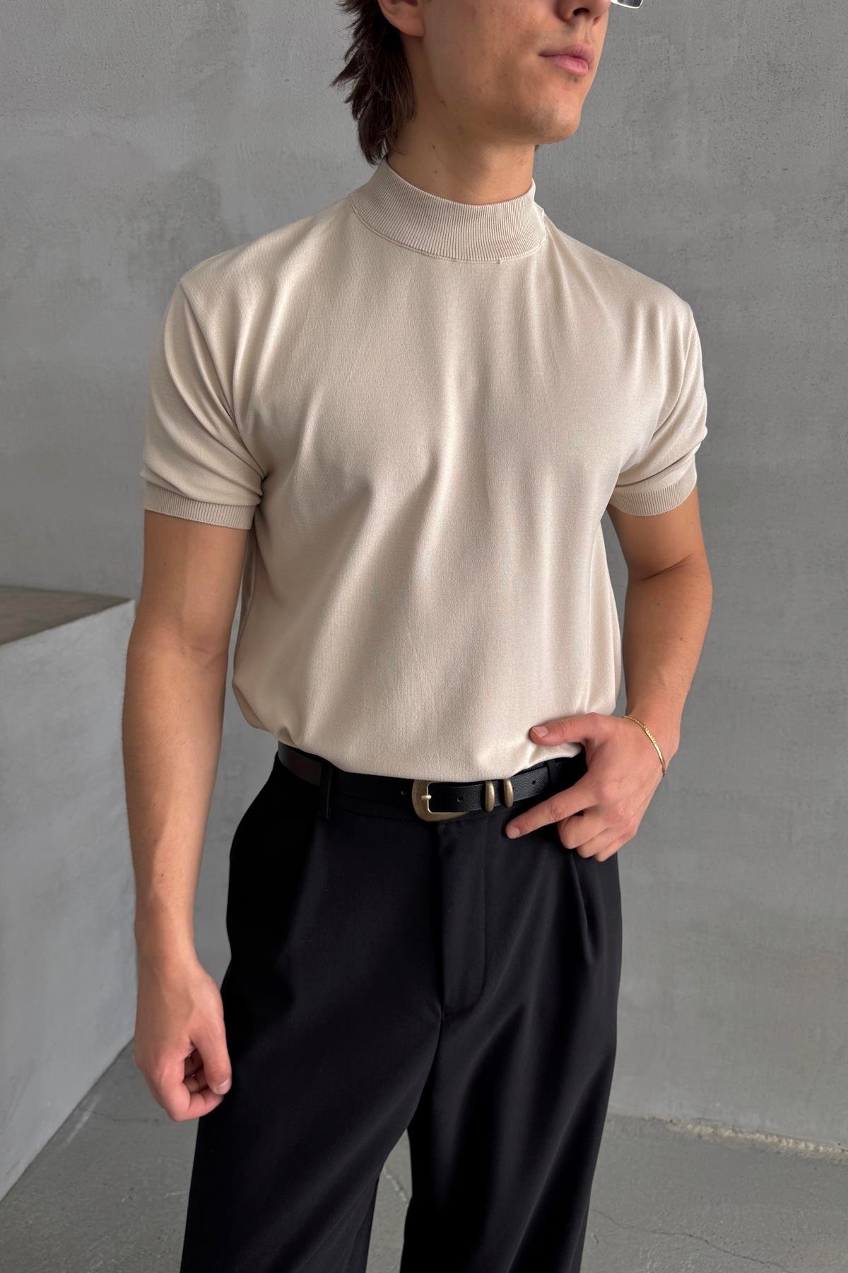 Erkek Oversize Yarım Balıkçı Triko T-shirt Bej