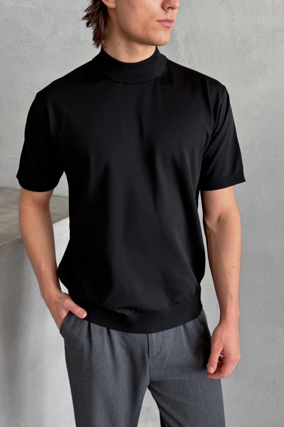 Erkek Oversize Yarım Balıkçı Triko T-shirt Siyah