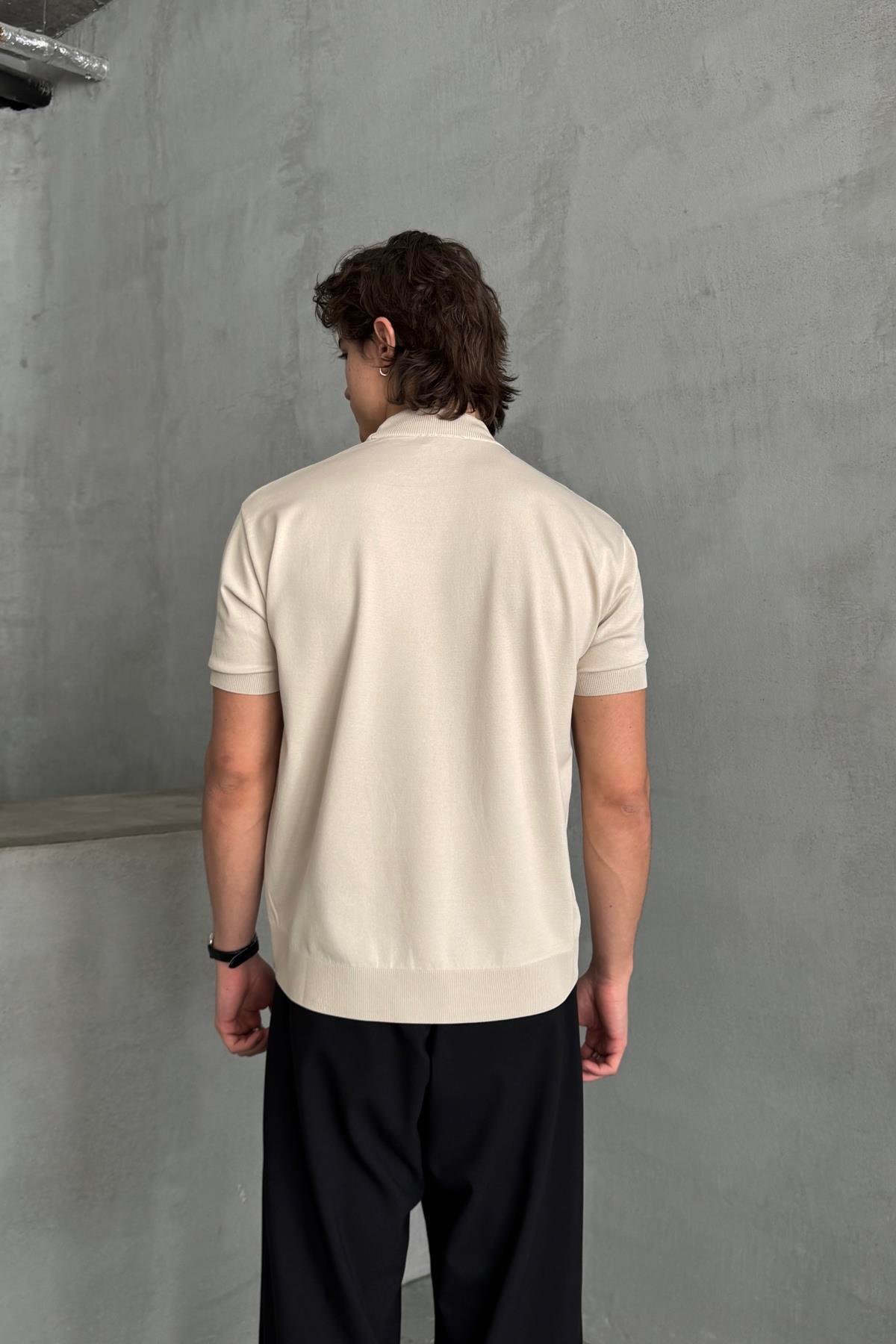 Erkek Oversize Yarım Balıkçı Triko T-shirt Bej