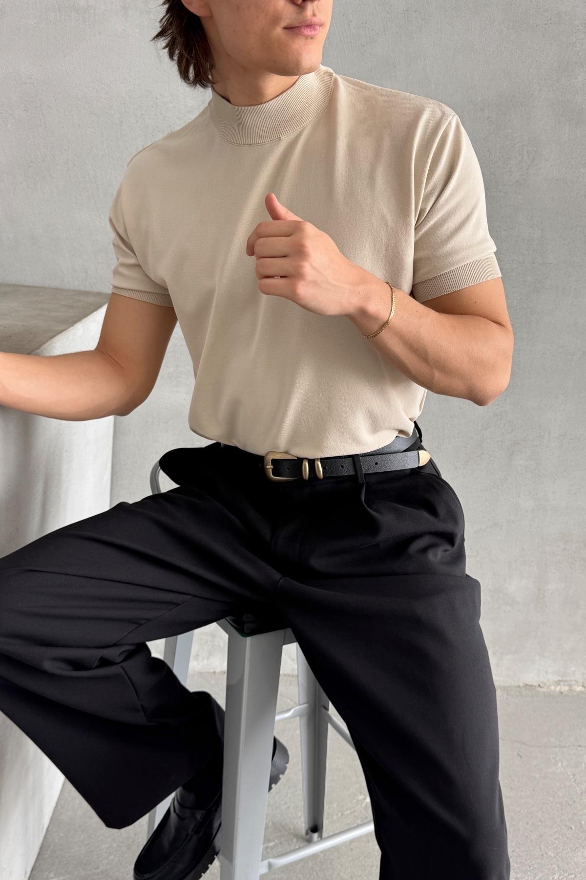 Erkek Oversize Yarım Balıkçı Triko T-shirt Bej