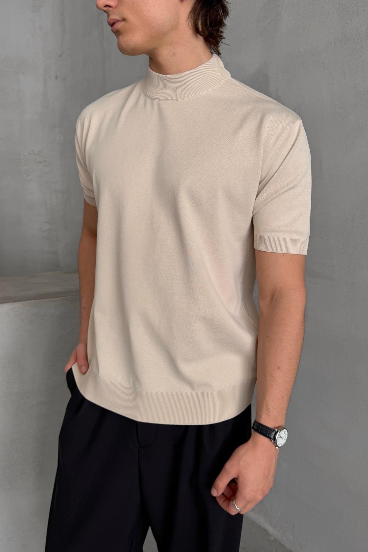 Erkek Oversize Yarım Balıkçı Triko T-shirt Bej