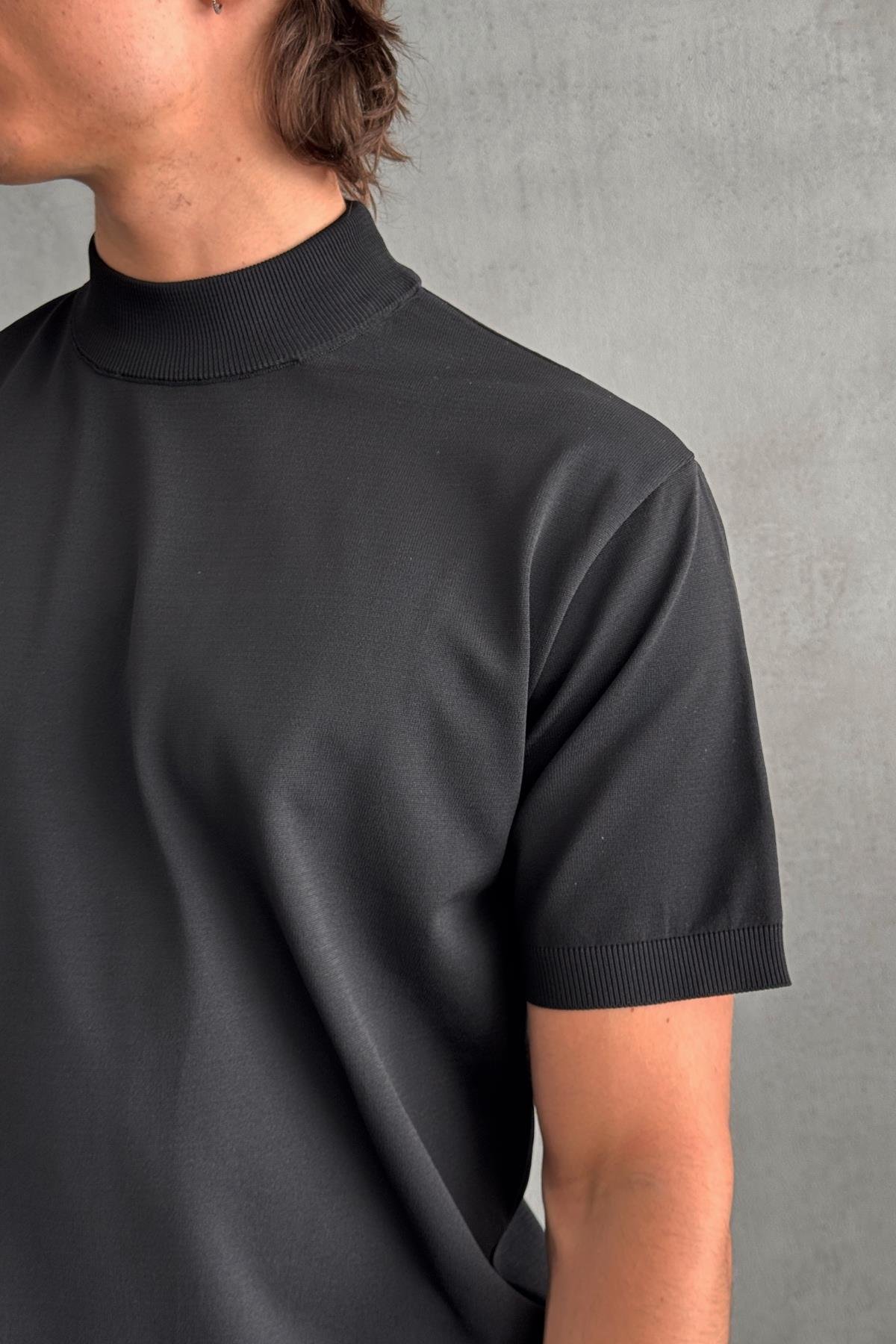 Erkek Oversize Yarım Balıkçı Triko T-shirt Siyah