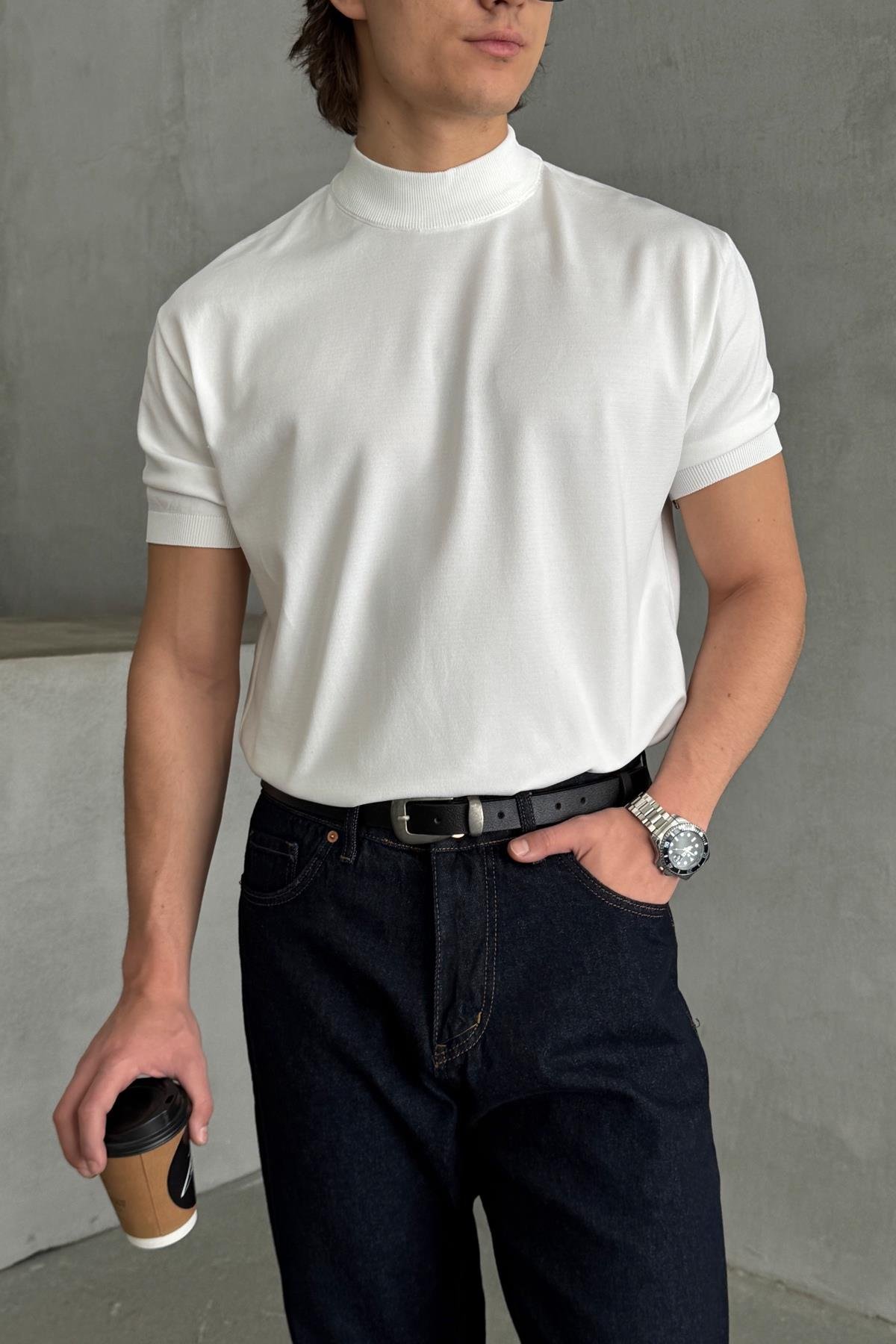 Erkek Oversize Yarım Balıkçı Triko T-shirt Beyaz