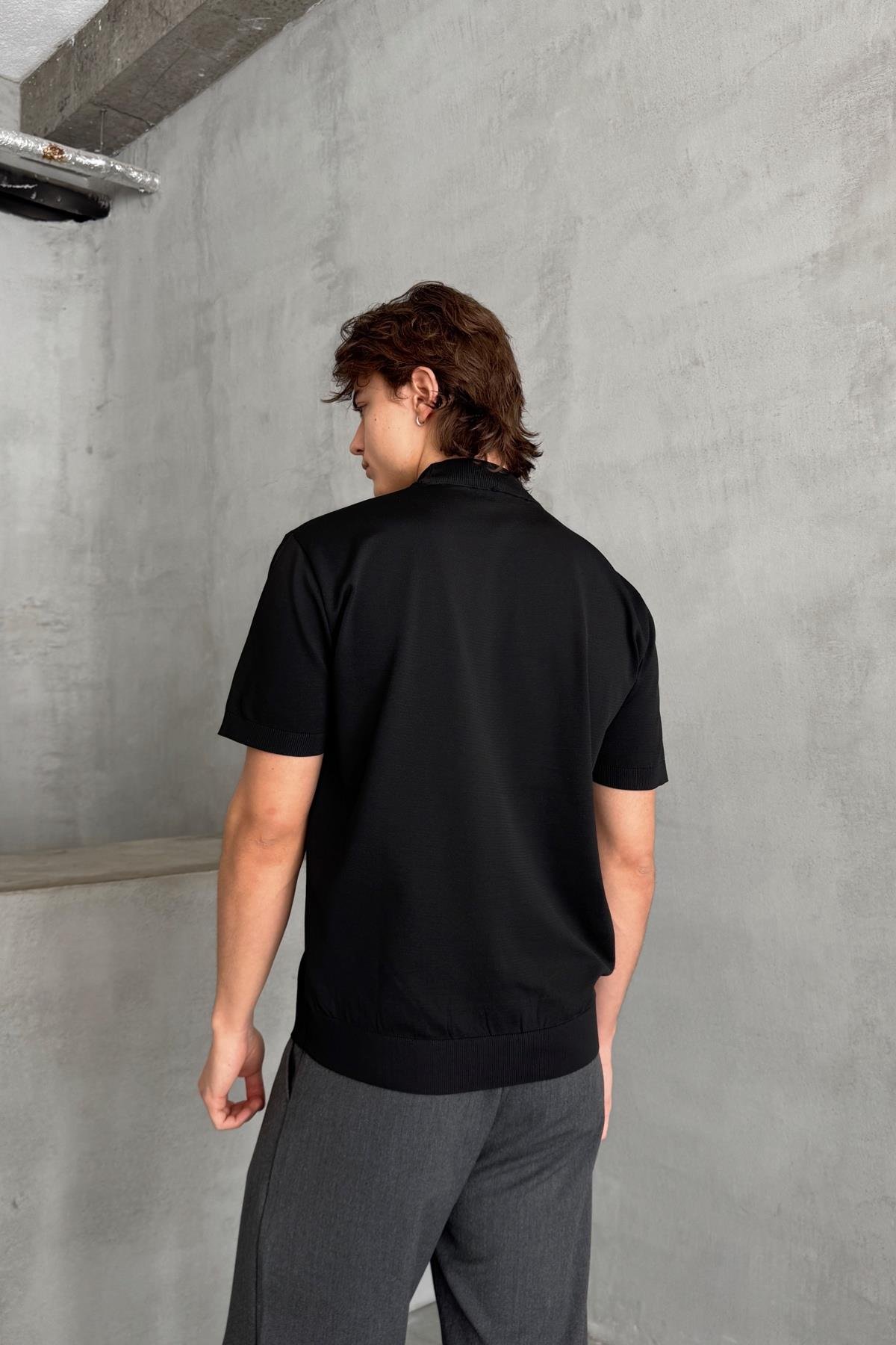 Erkek Oversize Yarım Balıkçı Triko T-shirt Siyah