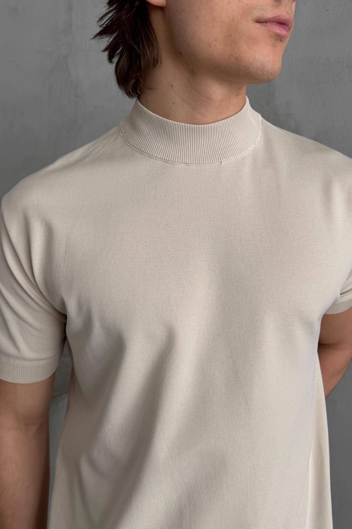 Erkek Oversize Yarım Balıkçı Triko T-shirt Bej
