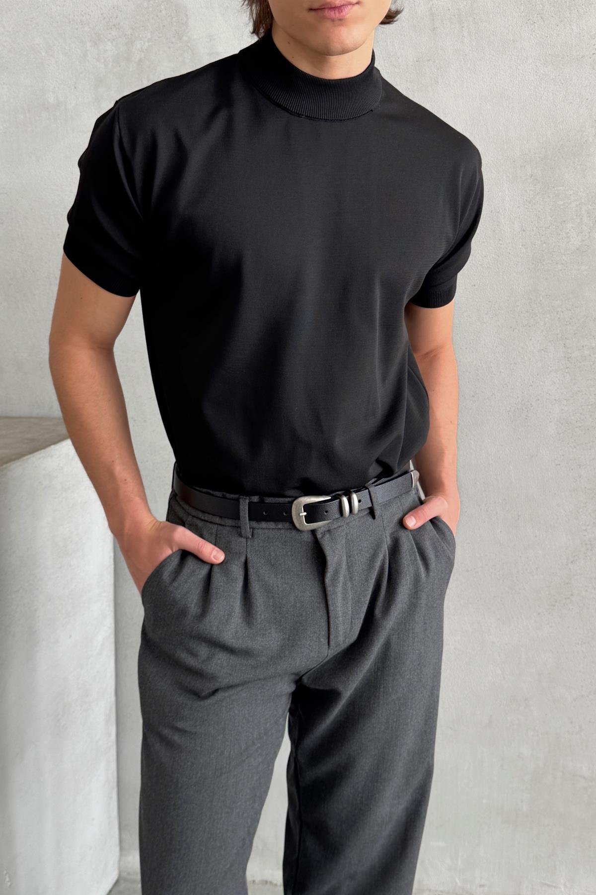 Erkek Oversize Yarım Balıkçı Triko T-shirt Siyah