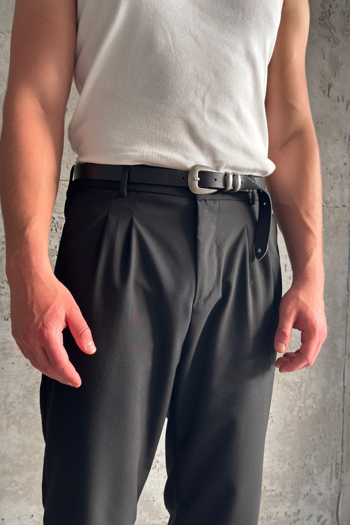 Erkek Pileli Baggy Kalıp Kumaş Pantolon SİYAH