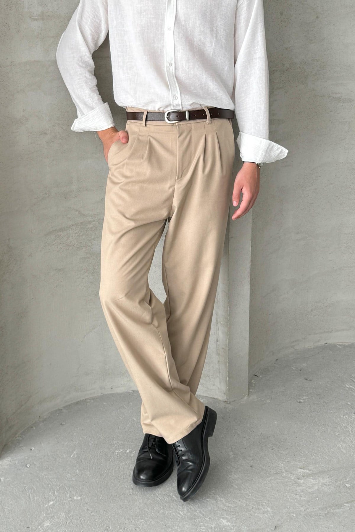 Erkek Pileli Baggy Kalıp Kumaş Pantolon Açık Kahve