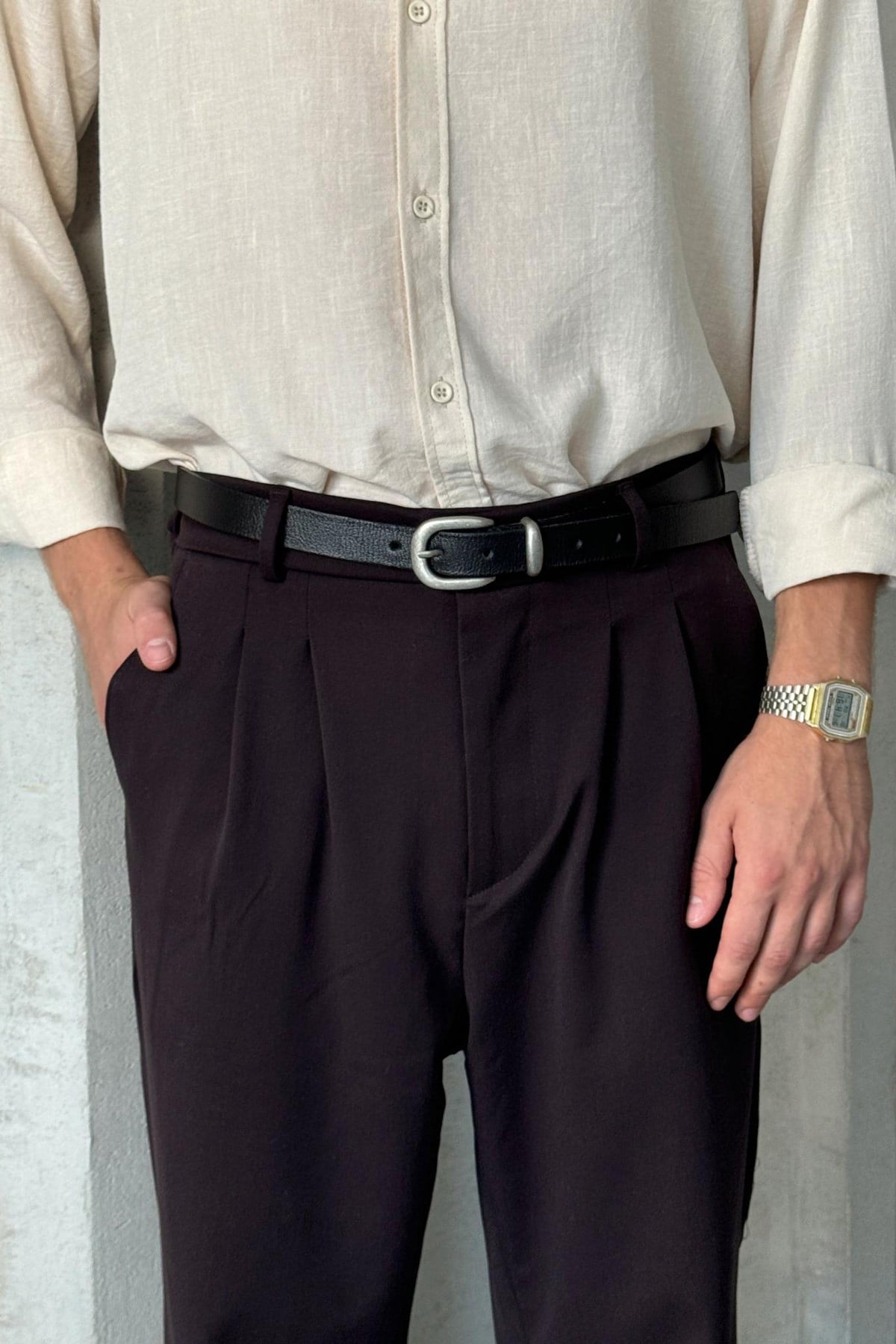 Erkek Pileli Baggy Kalıp Kumaş Pantolon Koyu Kahve