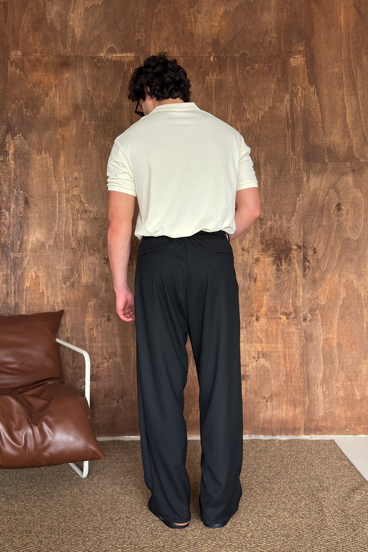 Erkek Pileli Ekstra Baggy Kalıp Çizgili Kumaş Pantolon Siyah
