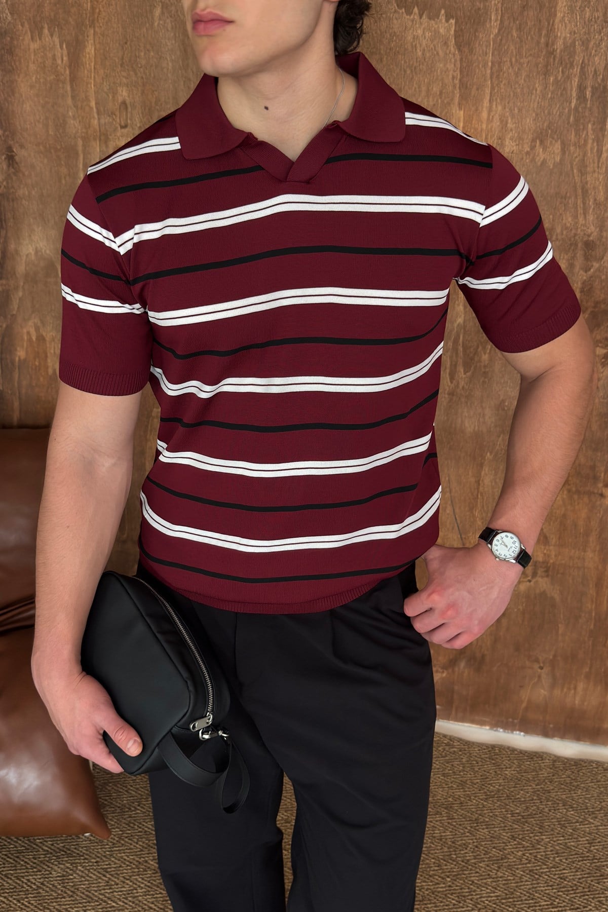 Erkek Polo Yaka Çizgili Triko T-shirt Bordo