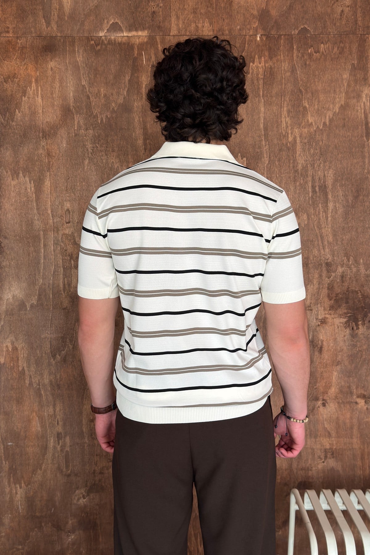 Erkek Polo Yaka Çizgili Triko T-shirt Ekru